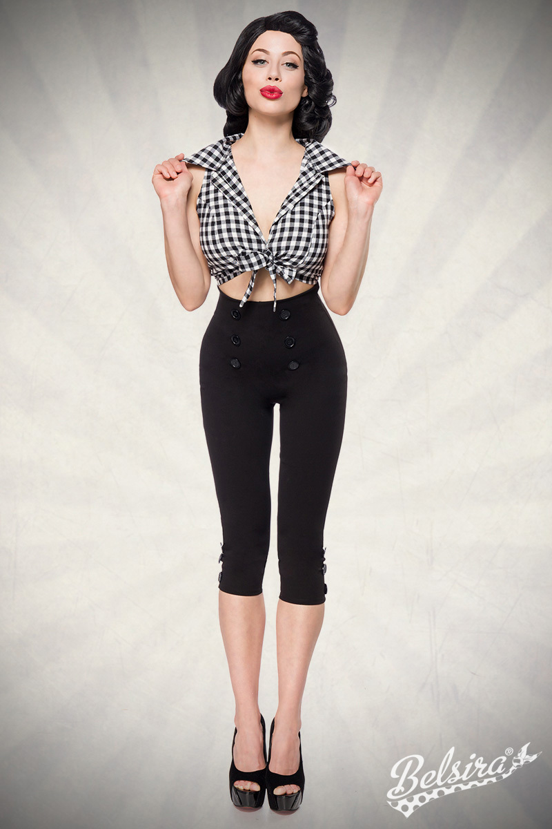 Vintage-Caprihose von BELSIRA im 50er-Jahre-Stil mit hohem Bund, figurbetontem Schnitt, Zierknöpfen und seitlichem Reißverschluss Rockabilly-Look pur