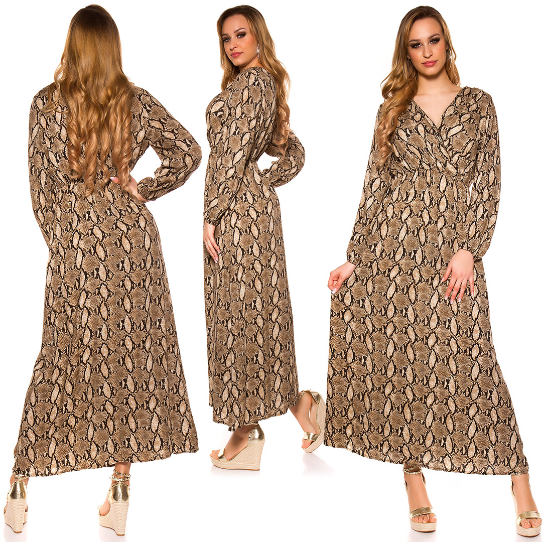 Maxikleid im animalischen Snake-Print taillierte Wickel-Silhouette, fließender Stoff und lange Ärmel für einen feminin-verführerischen Look voller Klasse