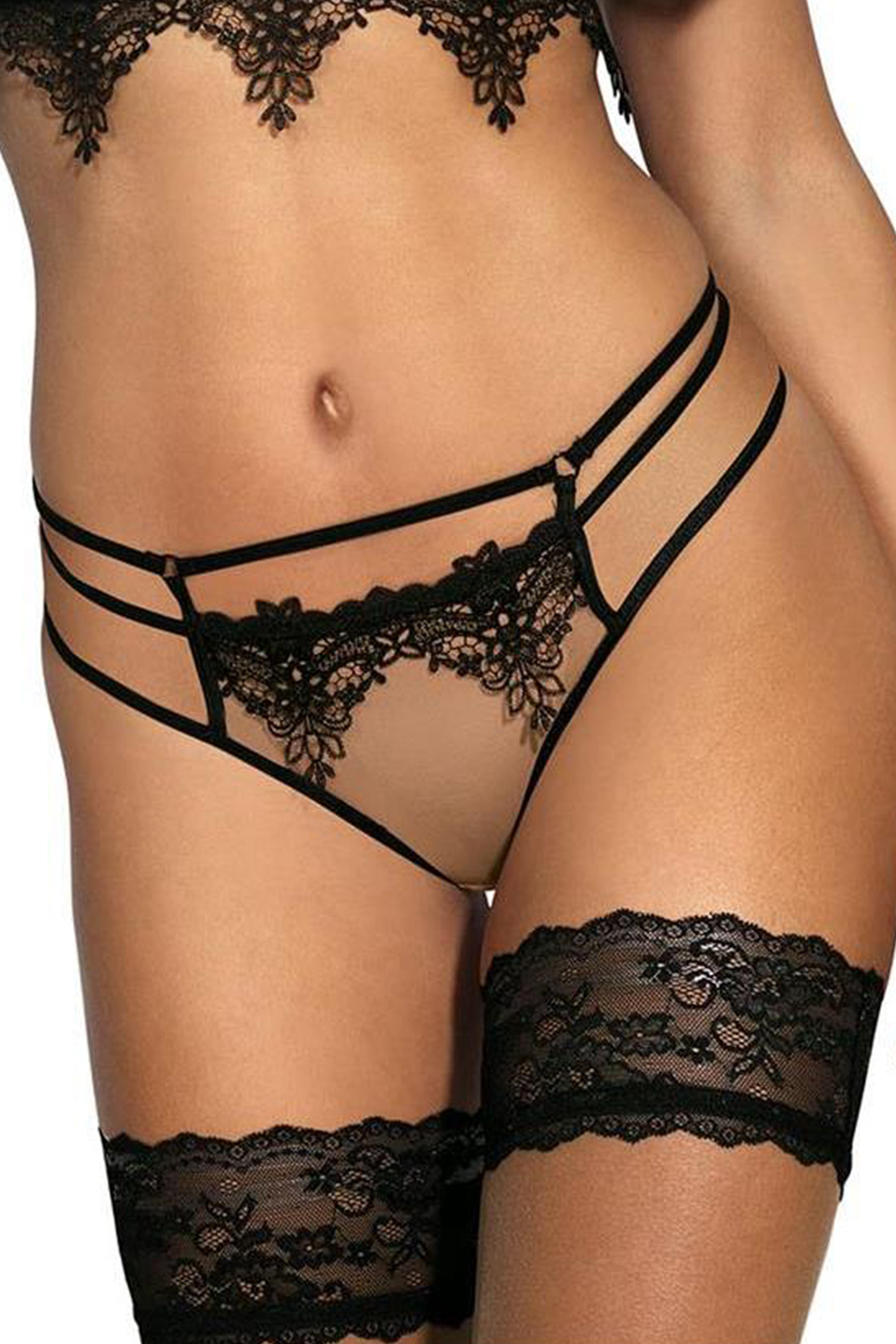 Axami String V-8908 aus transparentem Tüll und zarter schwarzer Spitze mit raffinierten Streifen-Details für intensive Sinnlichkeit