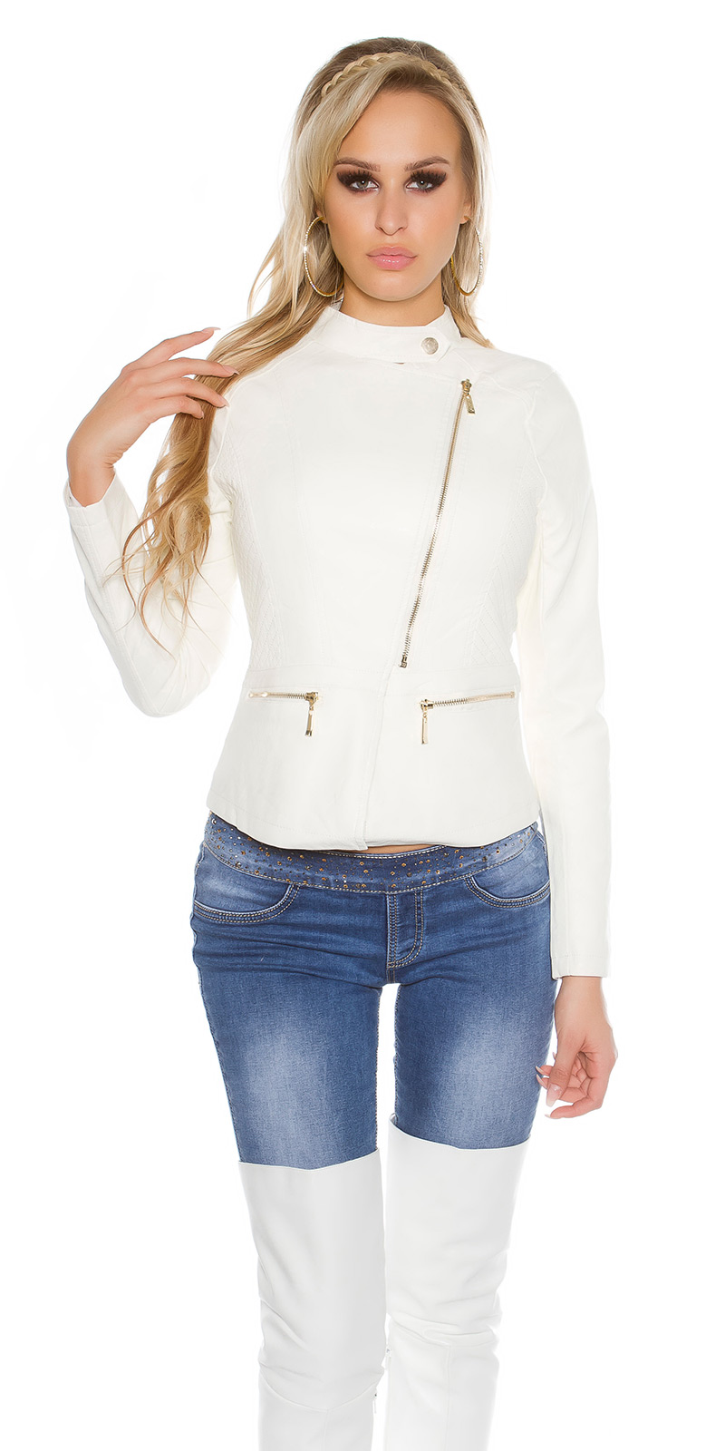 Koucla Taillierte Kunstleder-Jacke mit Stehkragen, V-Cut und rebellischem Zipper-Design für eine markant feminine Silhouette