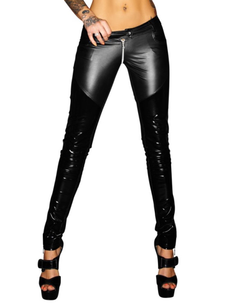 Wetlook-Hose F115 Noir Handmade schwarze lange Hose mit Push-Up-Effekt aus dehnbarem mattem Wetlook und Lack mit beidseitigem Reißverschluss im Schritt sowie Druckknopfverschluss und seitlichen Zippern an den Beinenden
