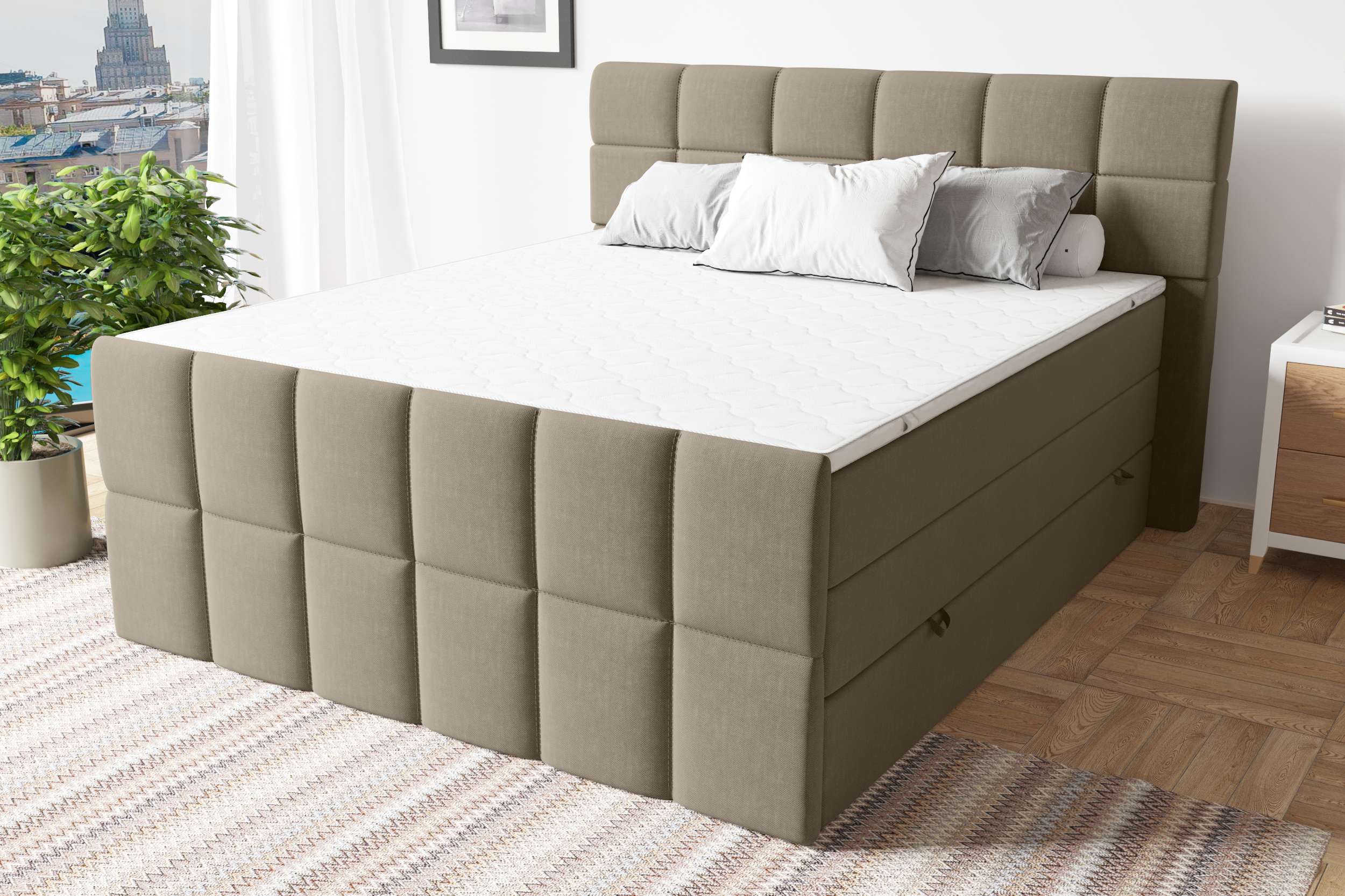 99rooms Dario Boxspringbett Strukturstoff INARI Hellbraun 140x200 cm Taschen-Federung