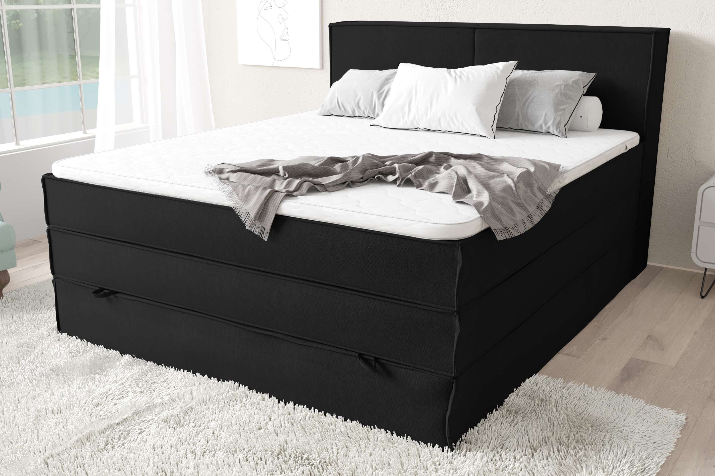 99rooms Santiago Boxspringbett Schwarz Strukturstoff INARI 120x200 cm Taschen-Federung