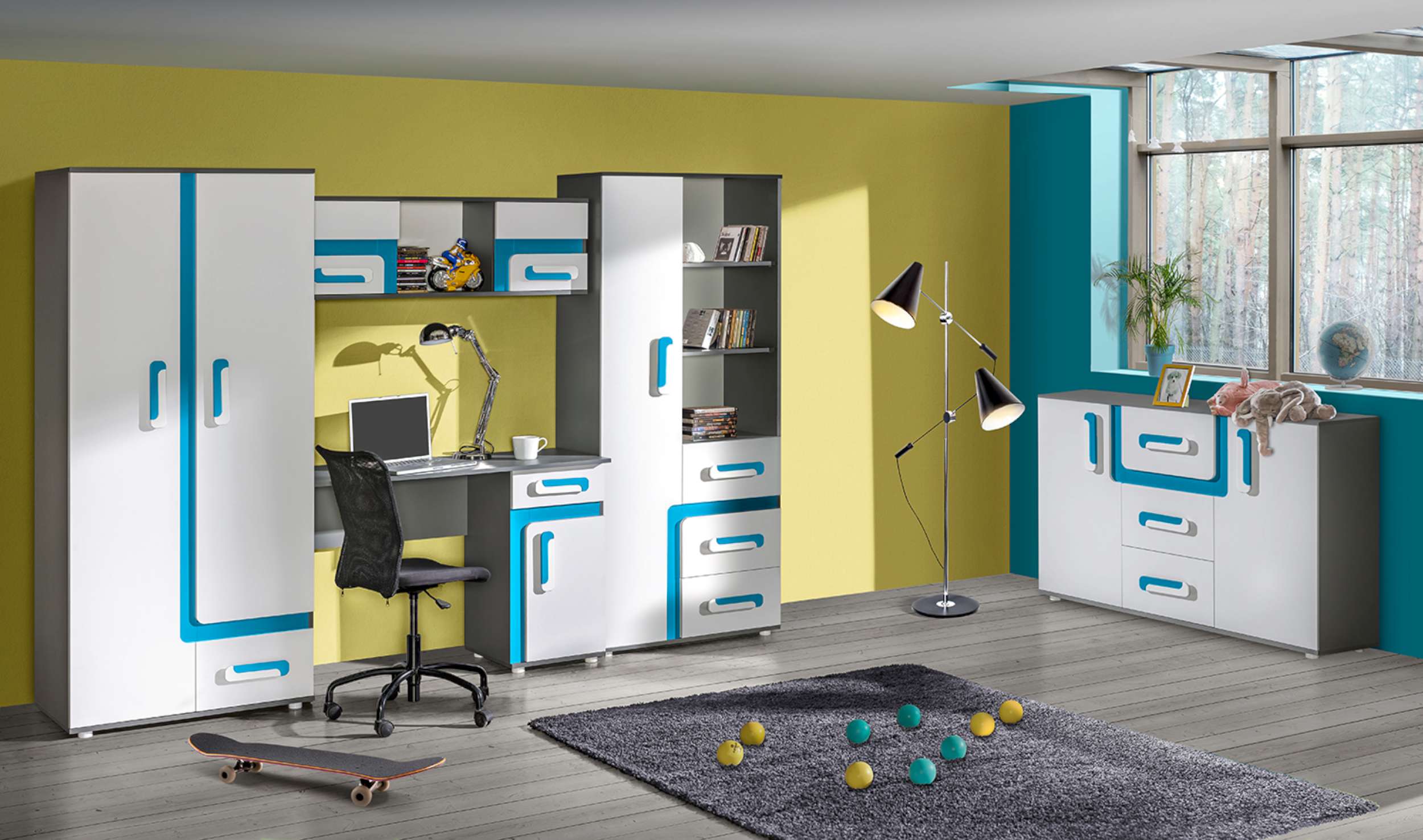 99rooms Avino Kinderzimmer-Set II Weiß Anthrazit Türkis