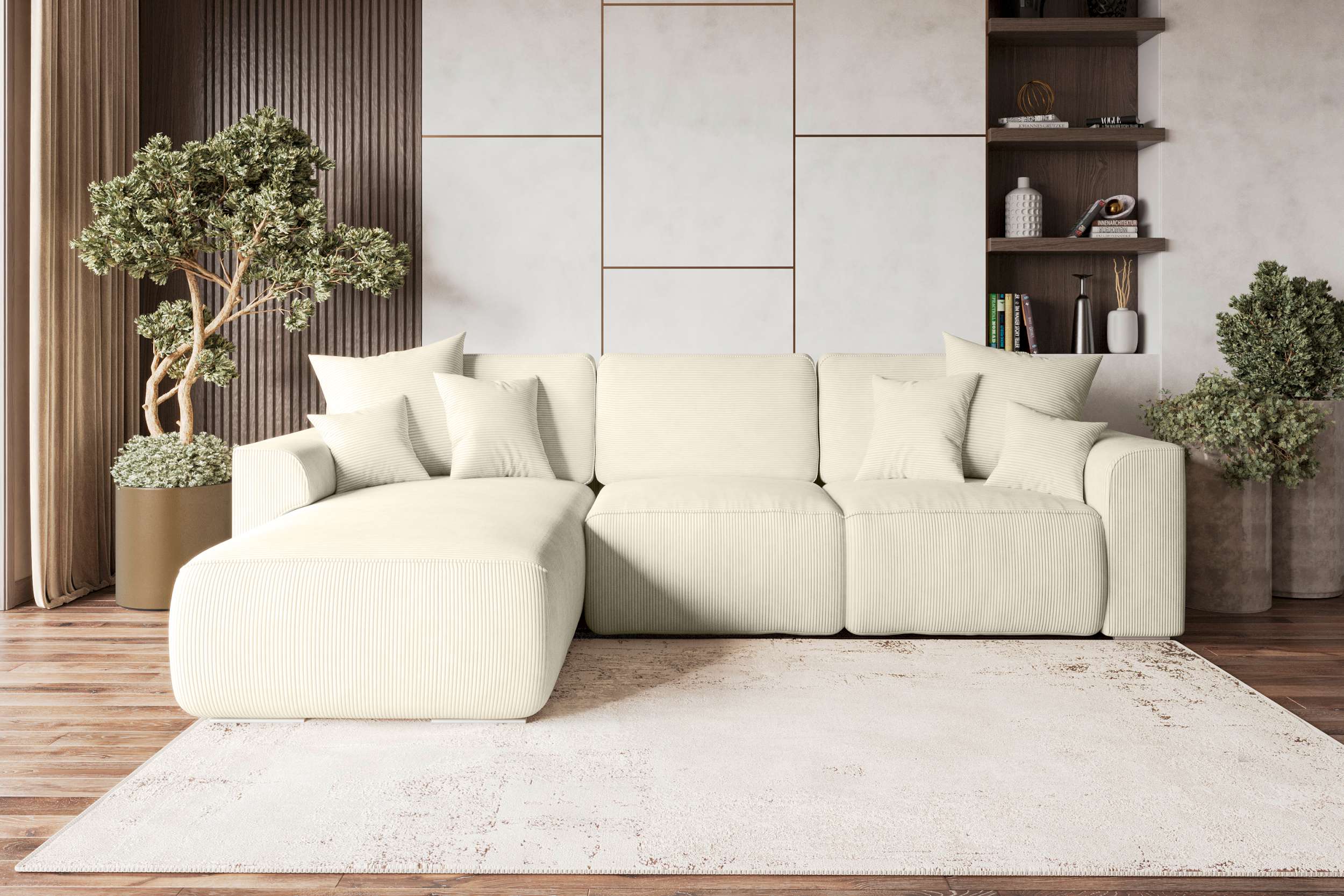 99rooms Gusto Ecksofa Cordstoff POSO Creme Links mit Schlaffunktion