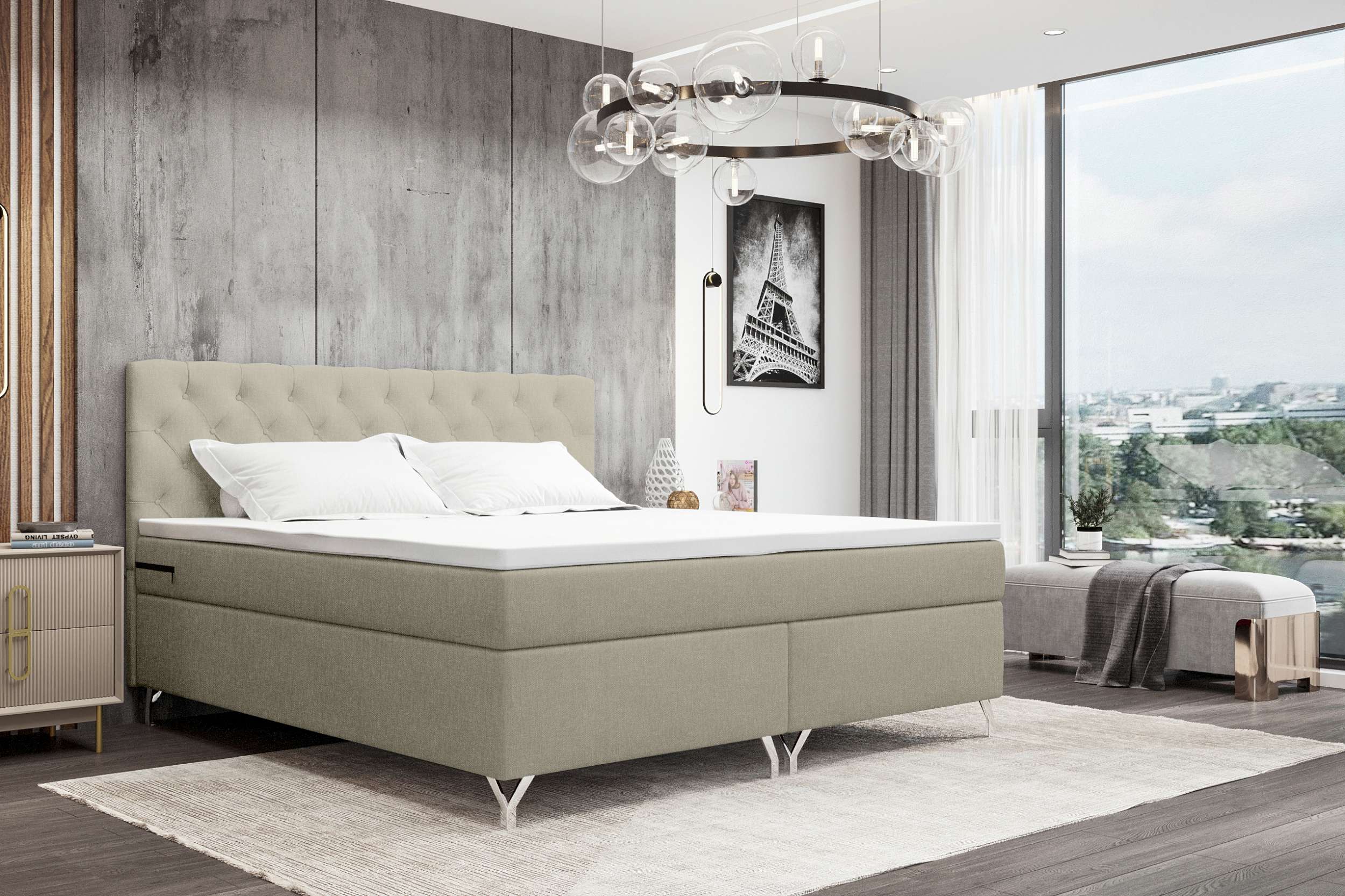 99rooms Prestige Boxspringbett 140x200 cm Webstoff MALMO_NEW Beige