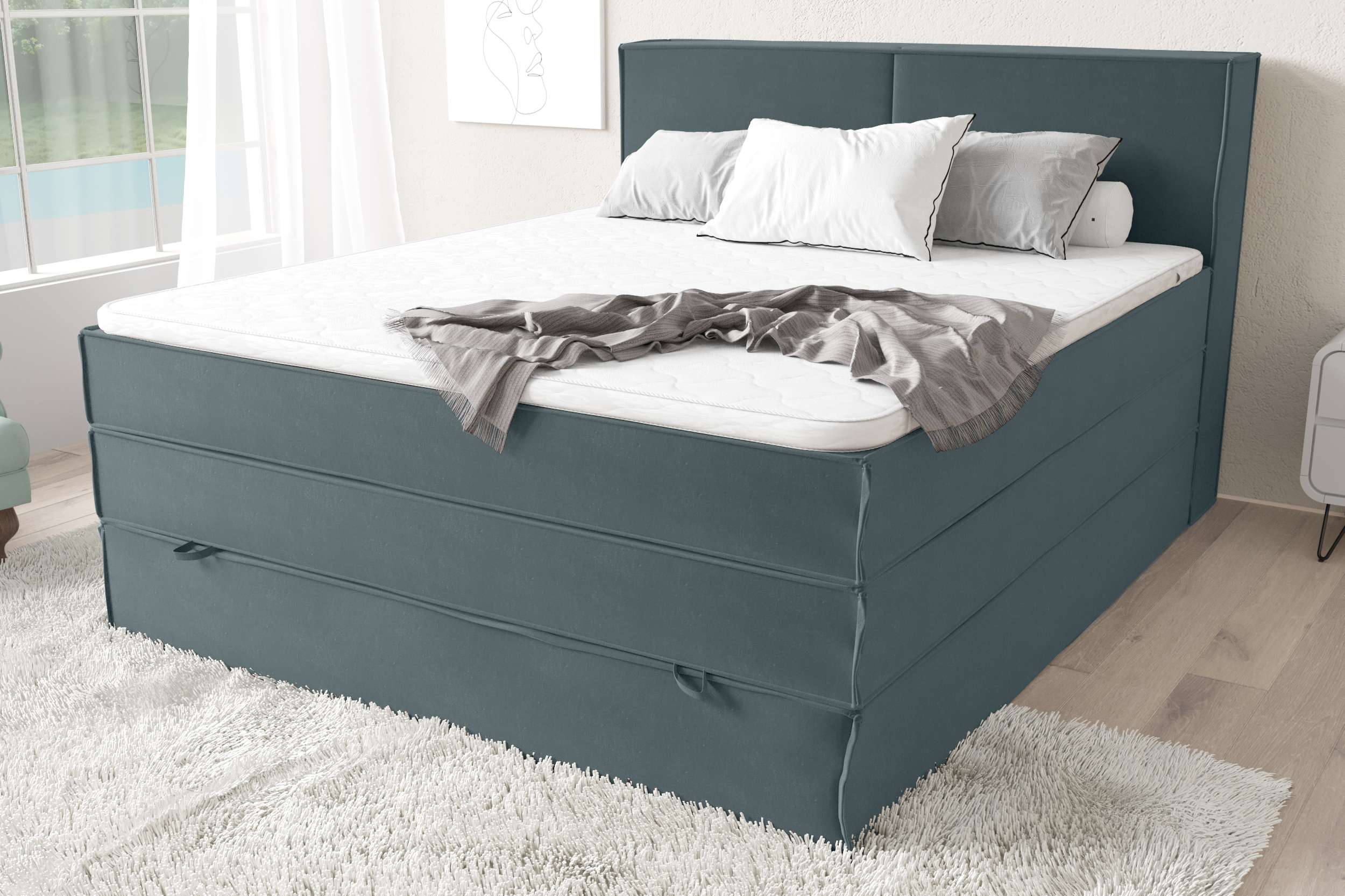 99rooms Santiago Boxspringbett Himmelgrau Velours KRONOS 120x200 cm Taschen-Federung