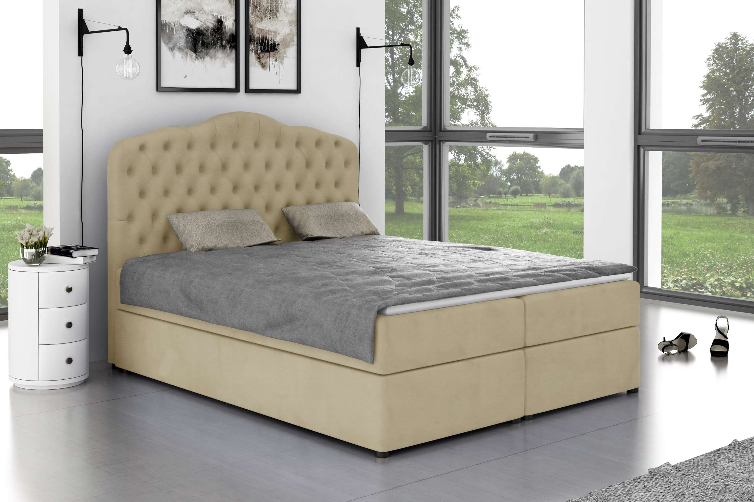 99rooms Dorin Boxspringbett Kunstleder CAYENNE Champagner 140x200 cm mit Topper