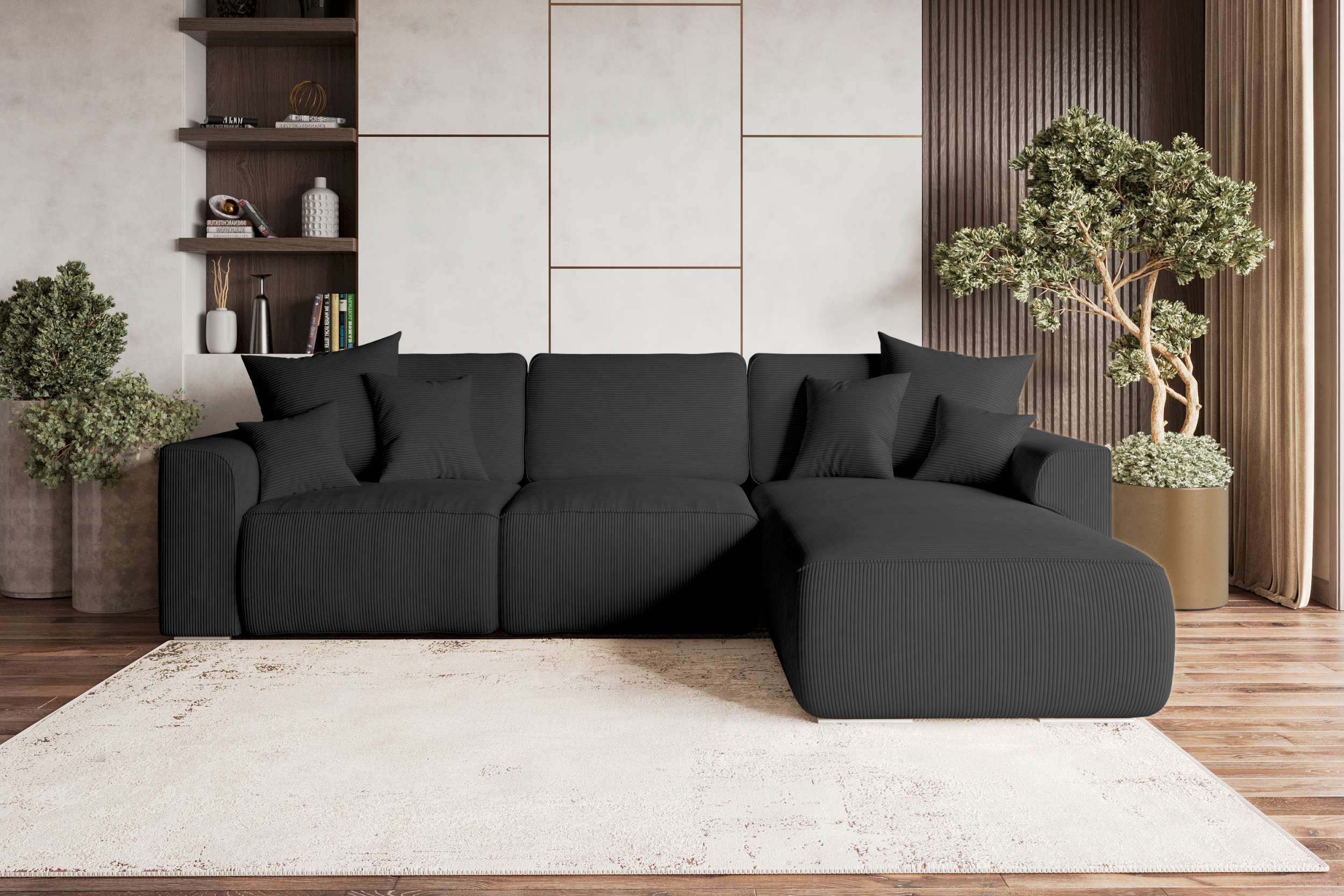 99rooms Gusto Ecksofa Cordstoff POSO Schwarz Rechts ohne Schlaffunktion
