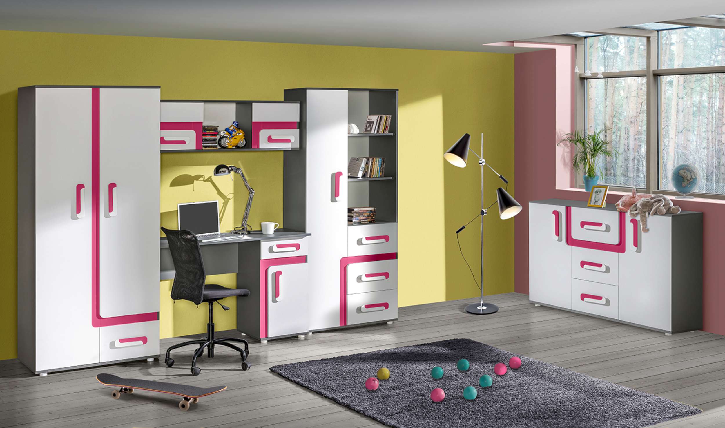 99rooms Avino Kinderzimmer-Set II Weiß Anthrazit Rosa