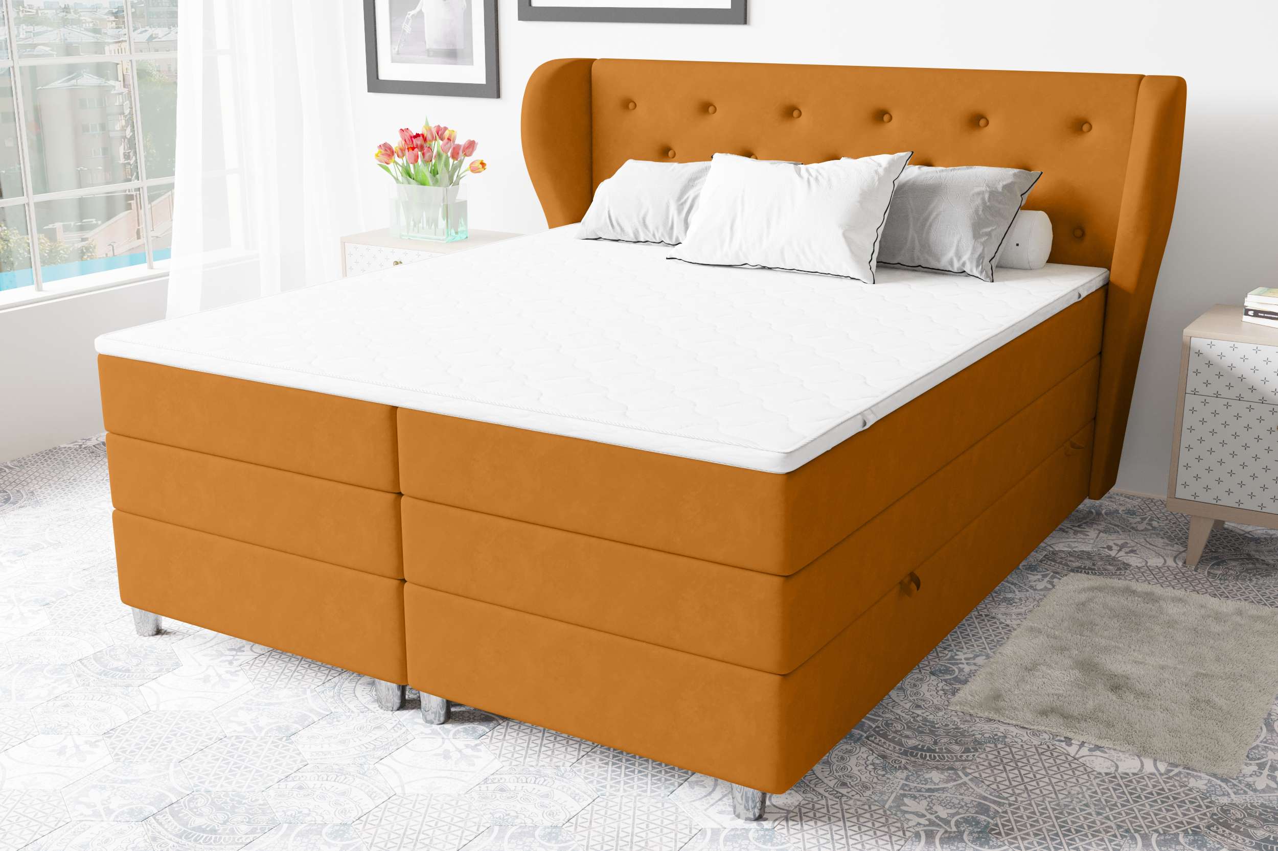 99rooms Helios Boxspringbett 140x200 cm Velours SORO Orange Taschen-Federung