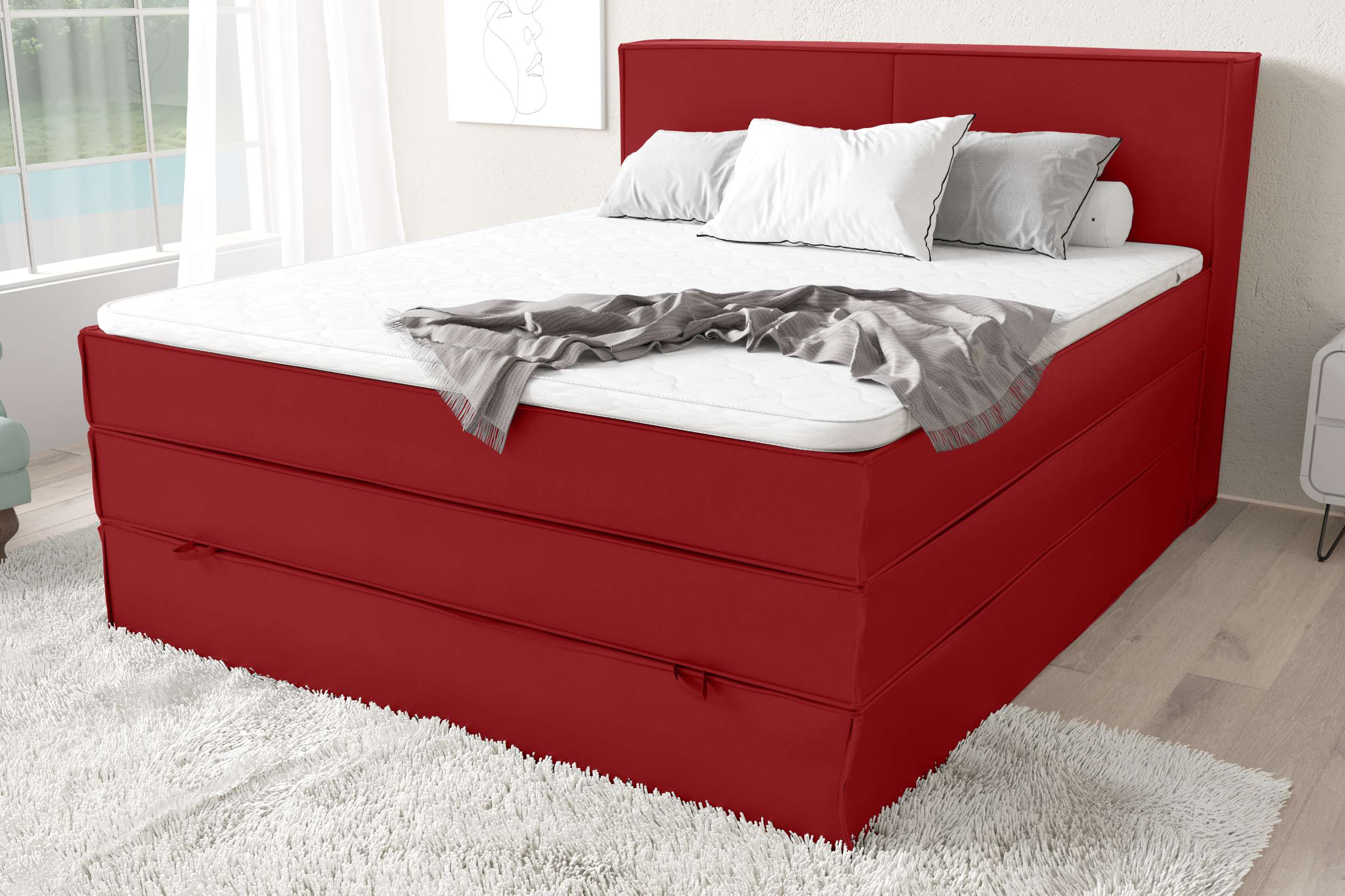 99rooms Santiago Boxspringbett Rot Kunstleder MADRYT 120x200 cm Taschen-Federung