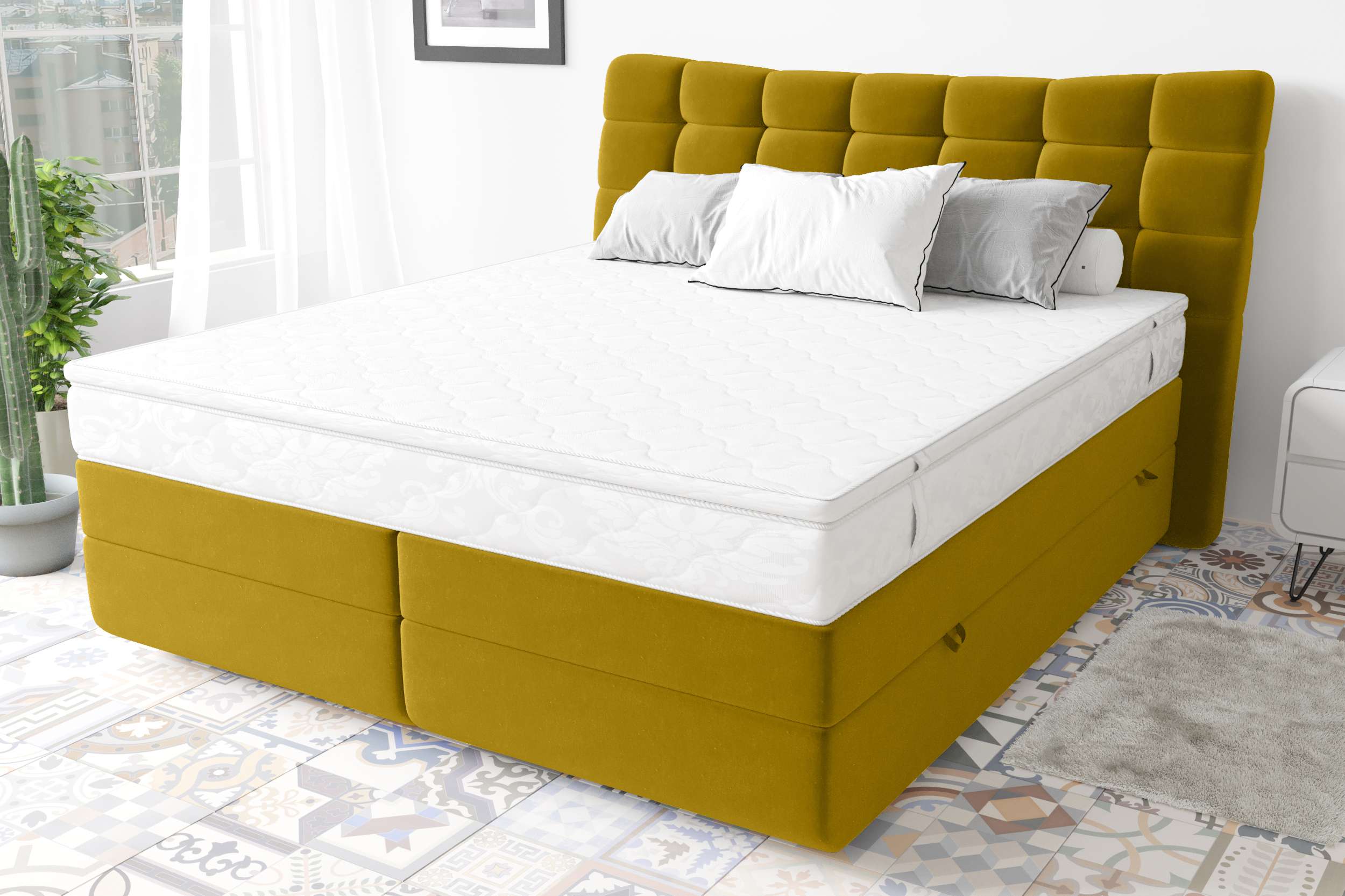 99rooms Santorini Boxspringbett Velours KRONOS Gelb 140x200 cm Taschen-Federung