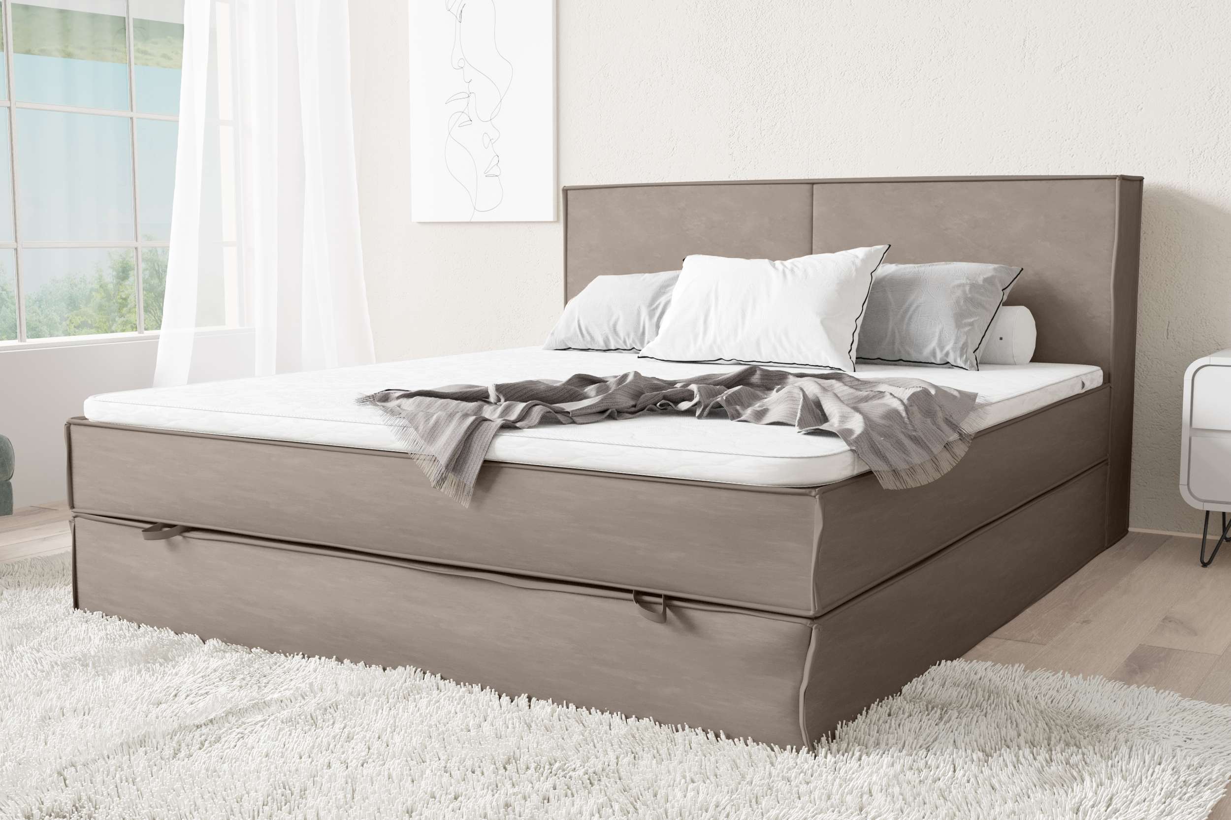 99rooms Samson Boxspringbett 120x200 cm Velours SORO Beige Taschen-Federung