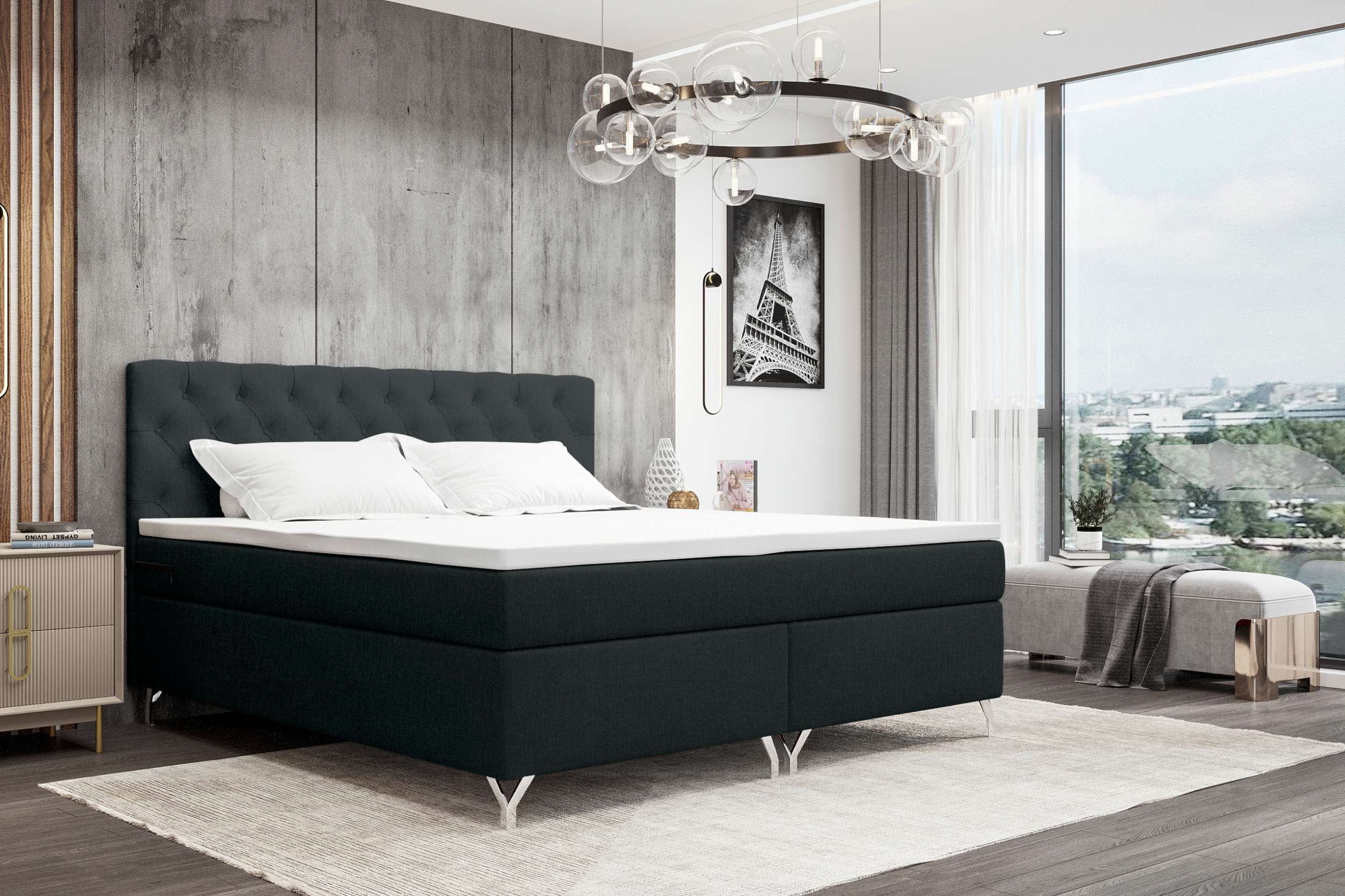 99rooms Prestige Boxspringbett 140x200 cm Webstoff MALMO_NEW Schwarz