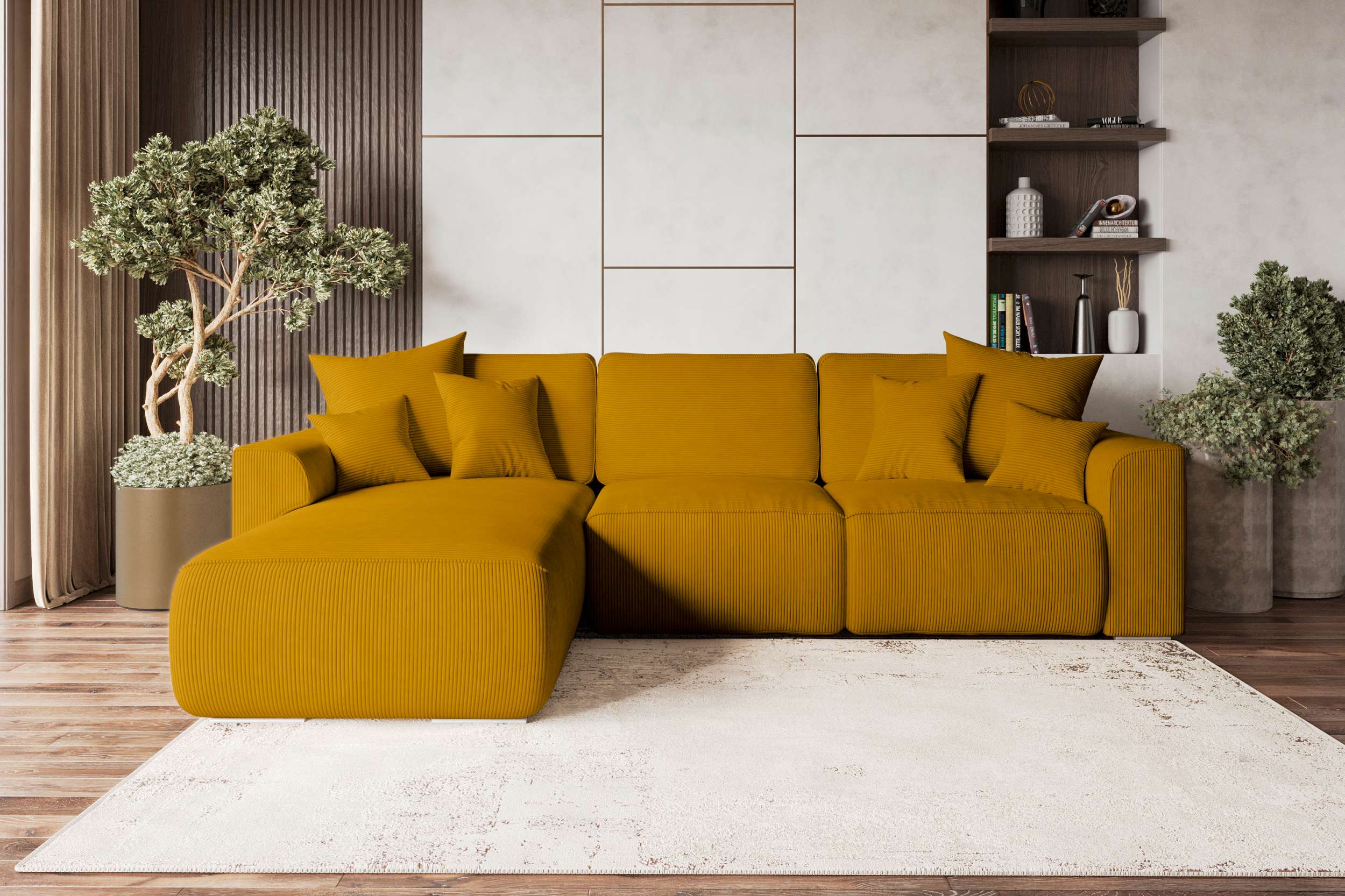 99rooms Gusto Ecksofa Cordstoff POSO Gold Links mit Schlaffunktion