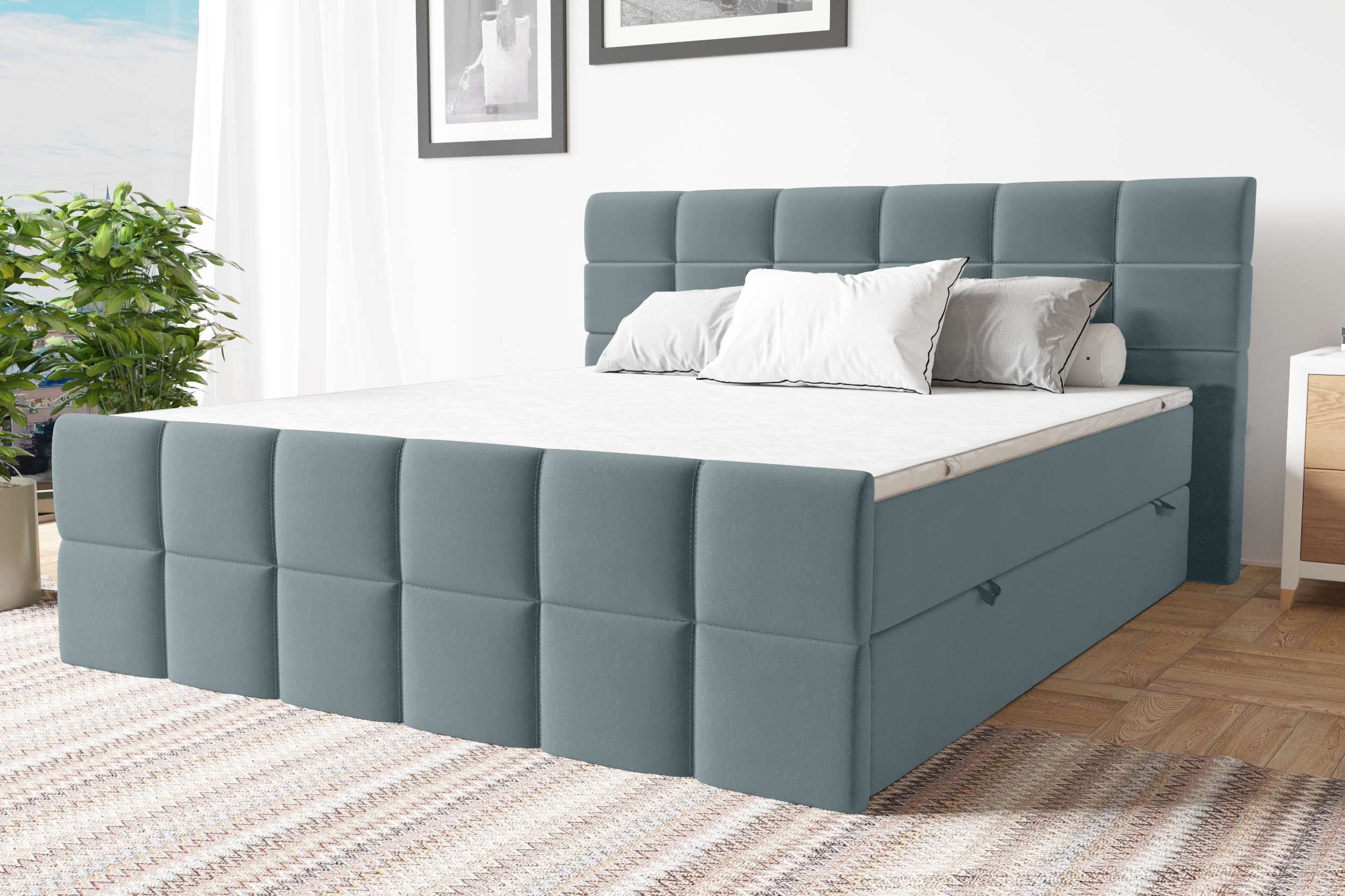 99rooms Dunkan Boxspringbett Velours KRONOS Himmelgrau 140x200 cm Taschen-Federung