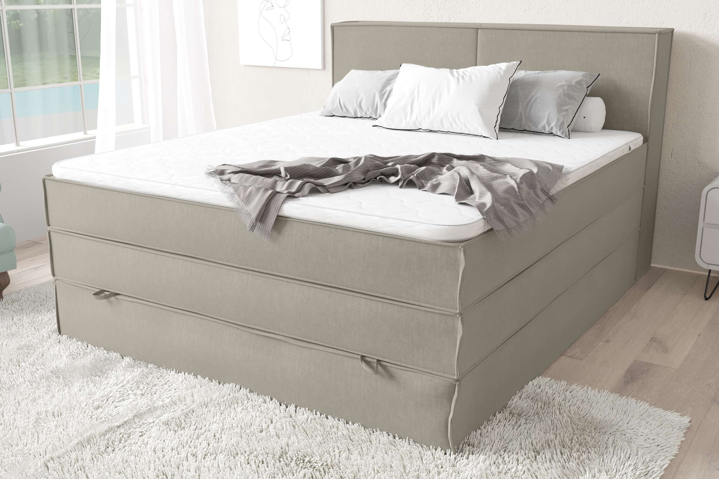 99rooms Santiago Boxspringbett Beige   Strukturstoff INARI 140x200 cm Taschen-Federung