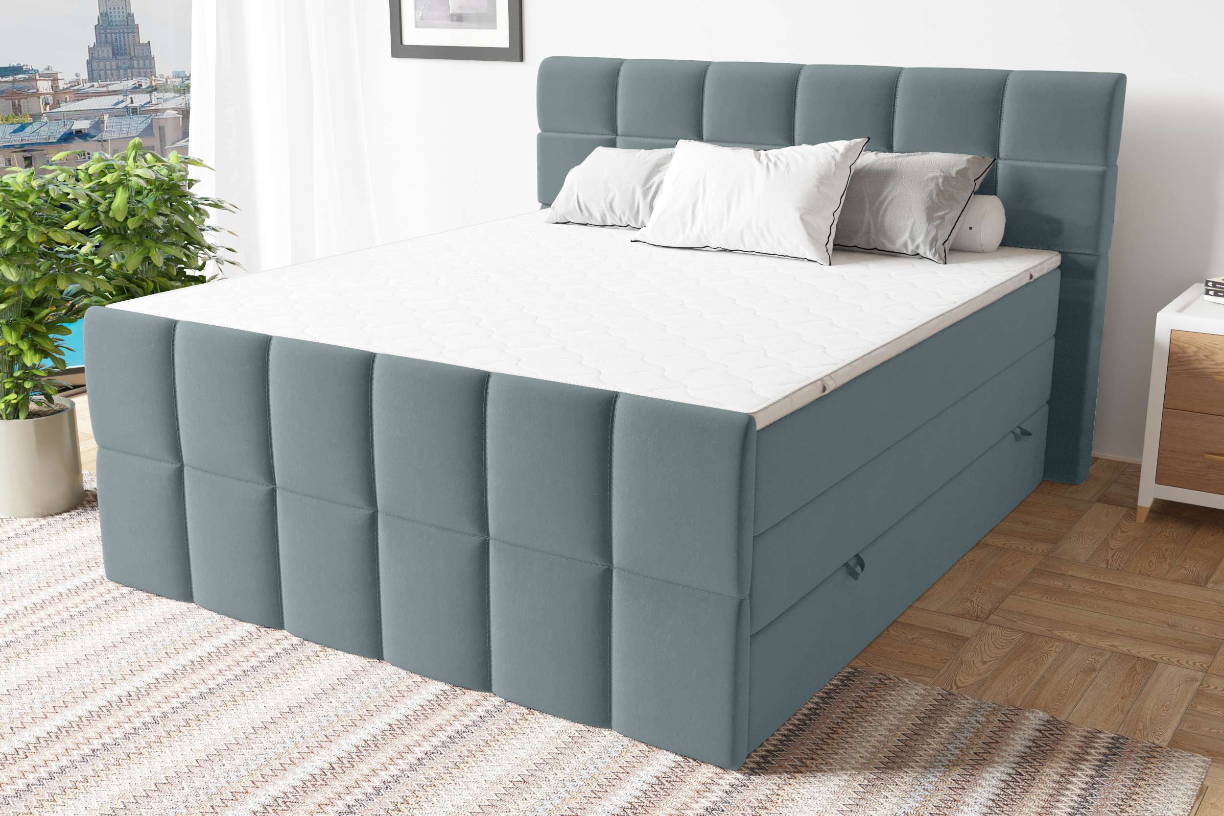 99rooms Dario Boxspringbett Velours KRONOS Himmelgrau 140x200 cm Taschen-Federung