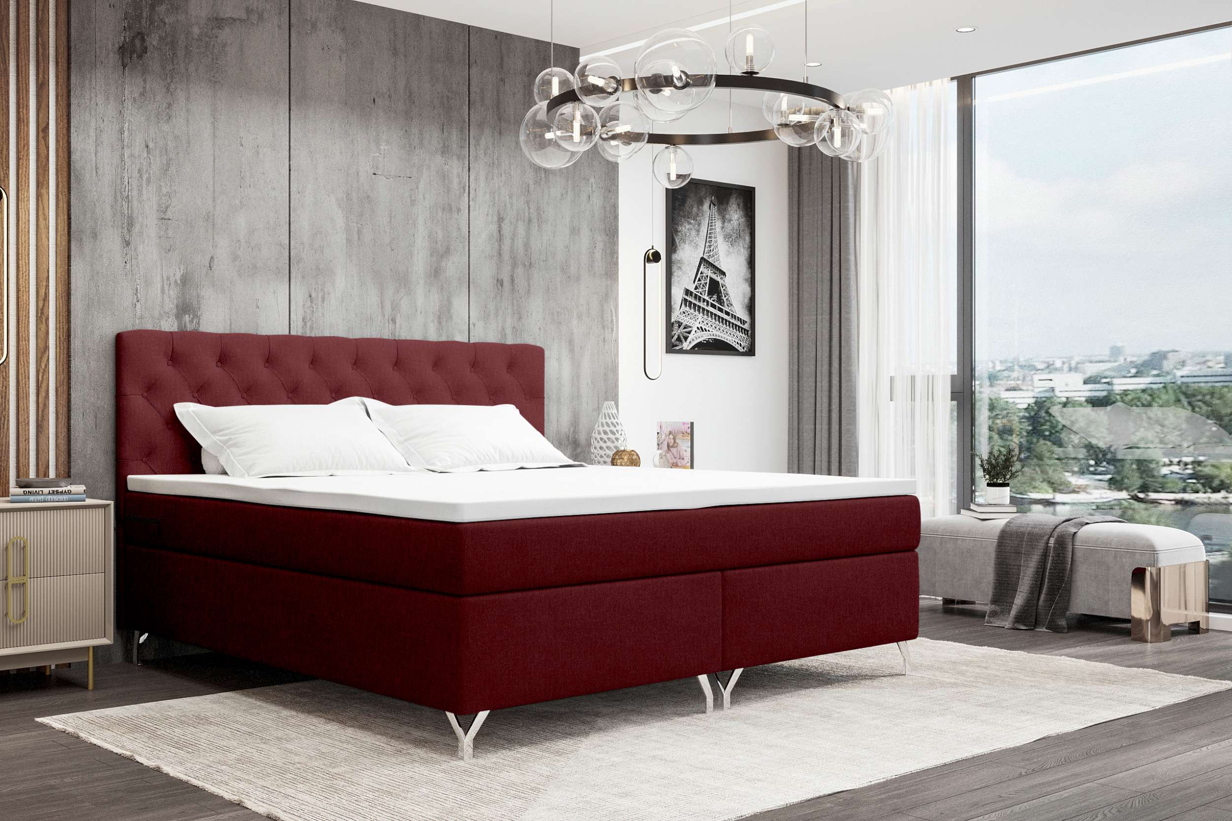99rooms Prestige Boxspringbett 140x200 cm Webstoff MALMO_NEW Bordeaux