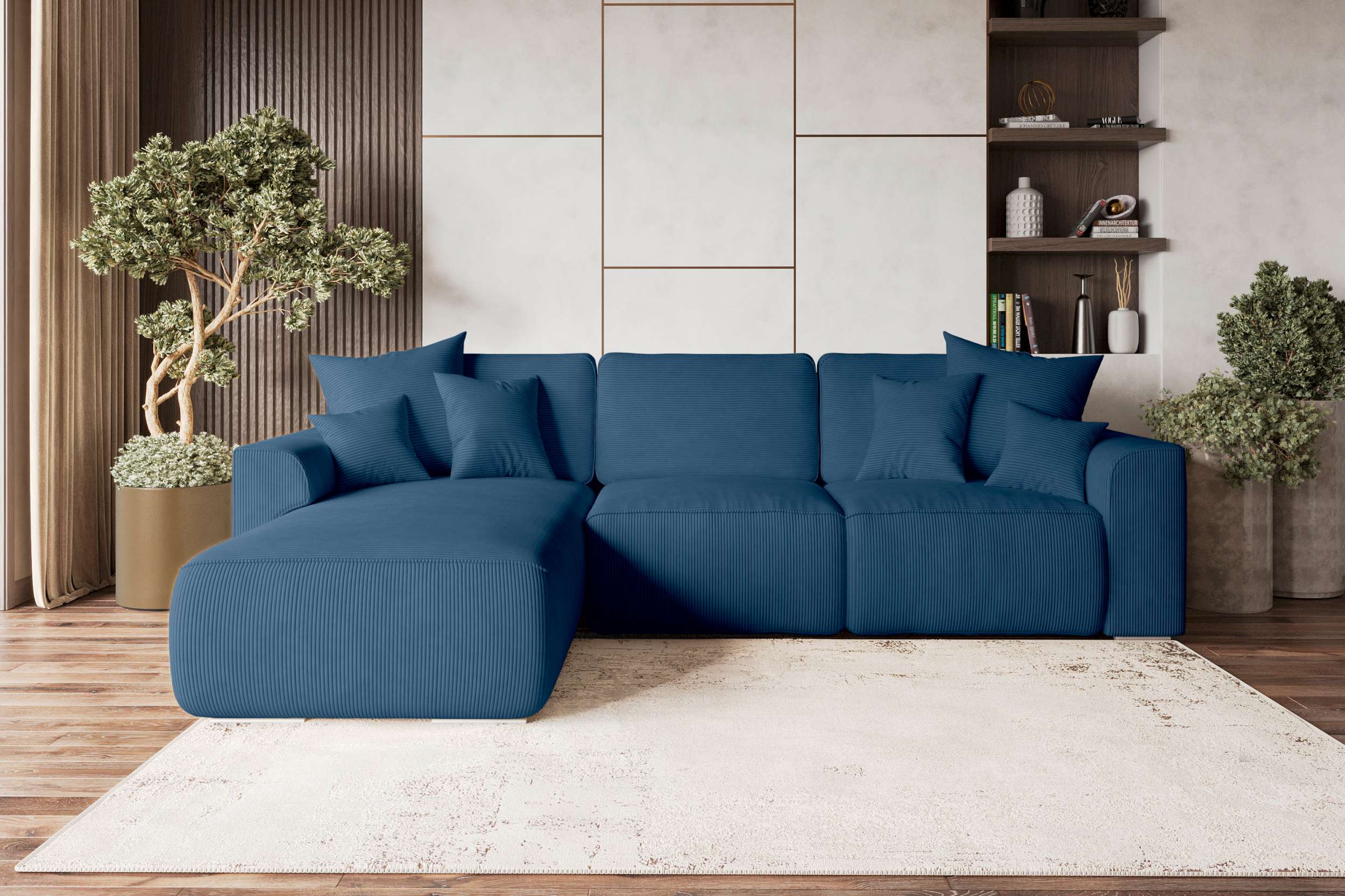 99rooms Gusto Ecksofa Cordstoff POSO Blau Links mit Schlaffunktion