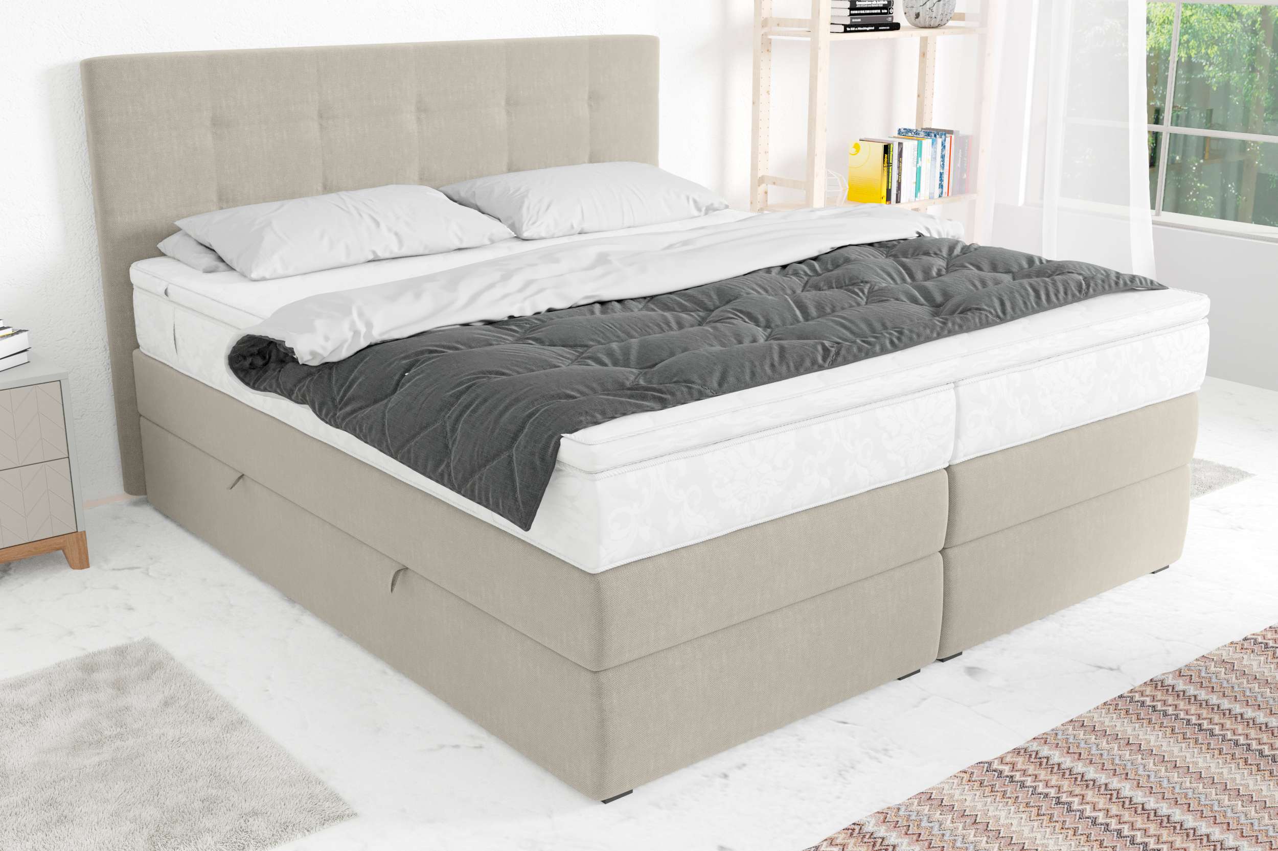 99rooms Palermo Boxspringbett Strukturstoff INARI Beige 180x200 cm Taschen-Federung