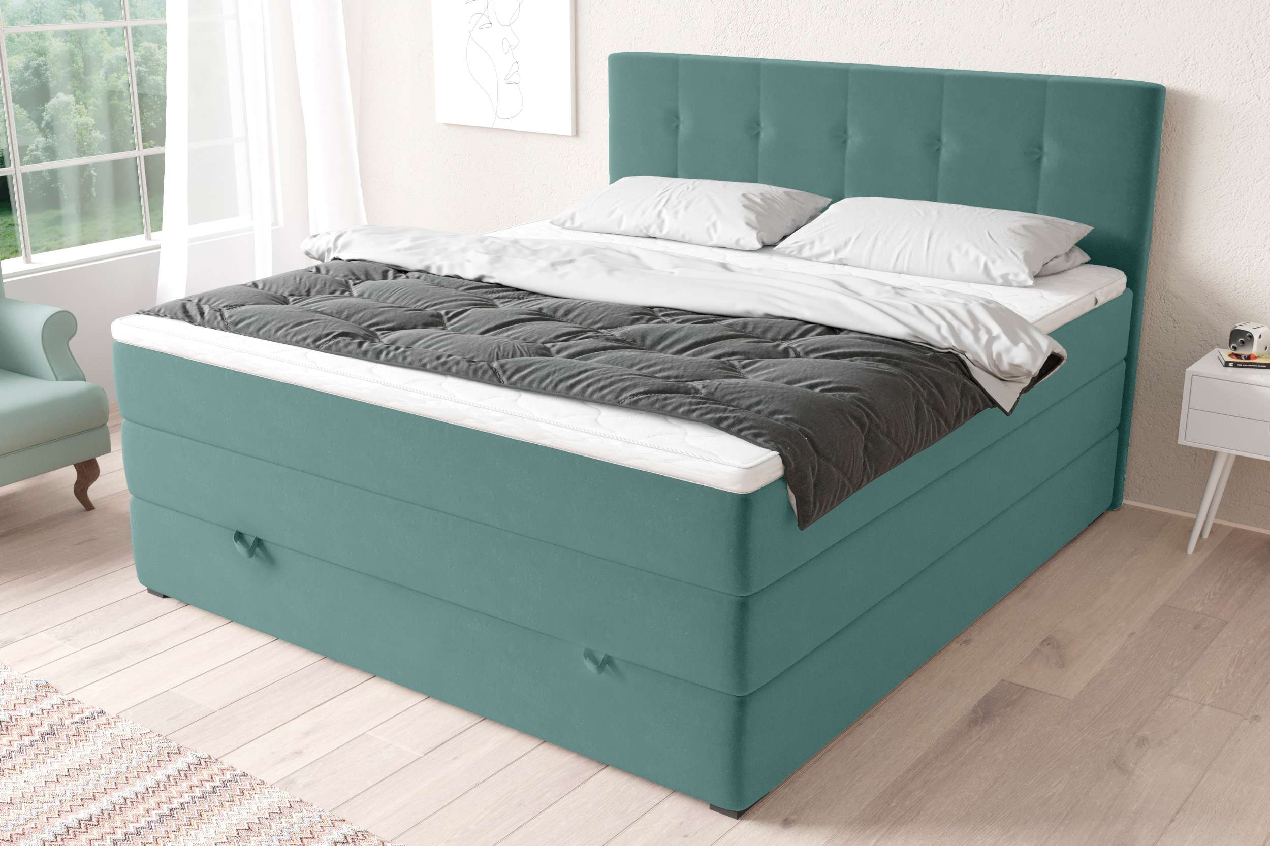 99rooms Madagaskar Boxspringbett Velours KRONOS Pastelltürkis 140x200 cm Taschen-Federung