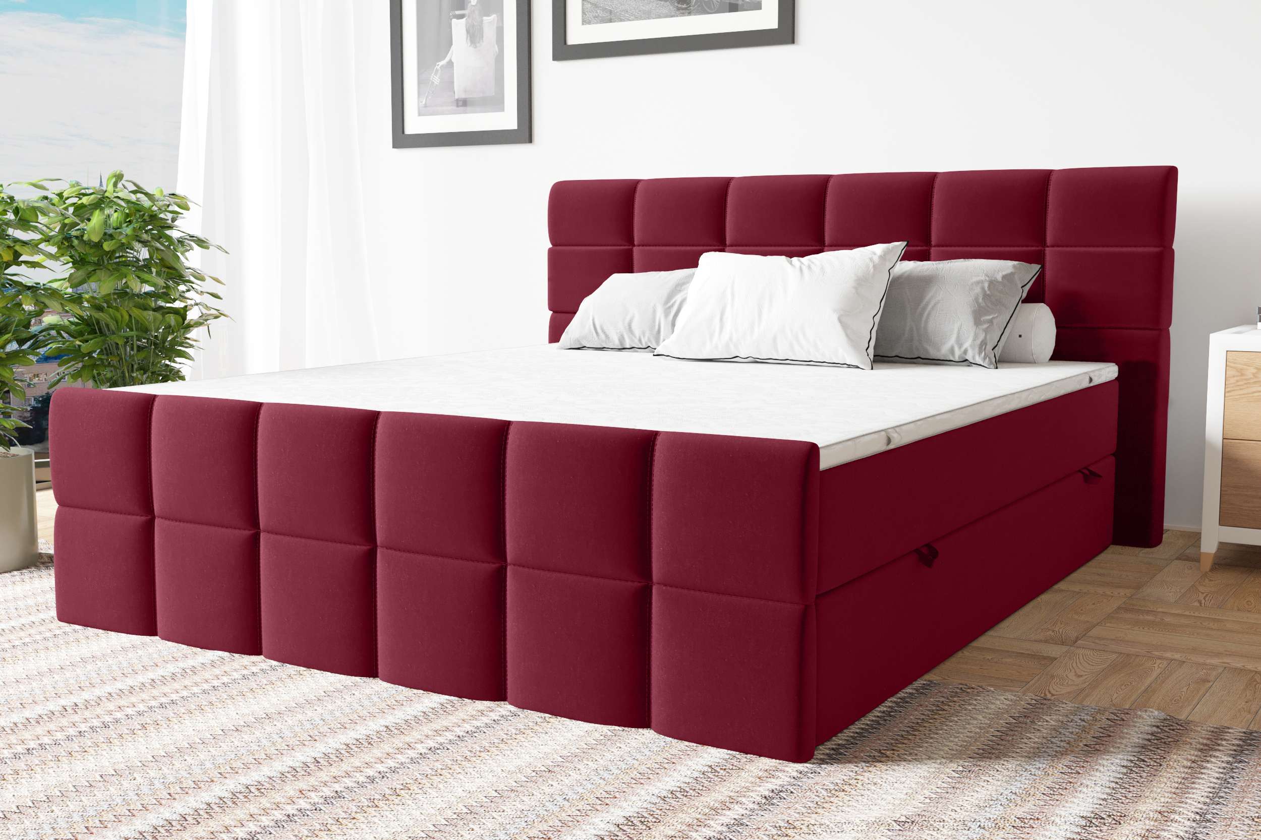 99rooms Dunkan Boxspringbett Velours KRONOS Rot 140x200 cm Taschen-Federung