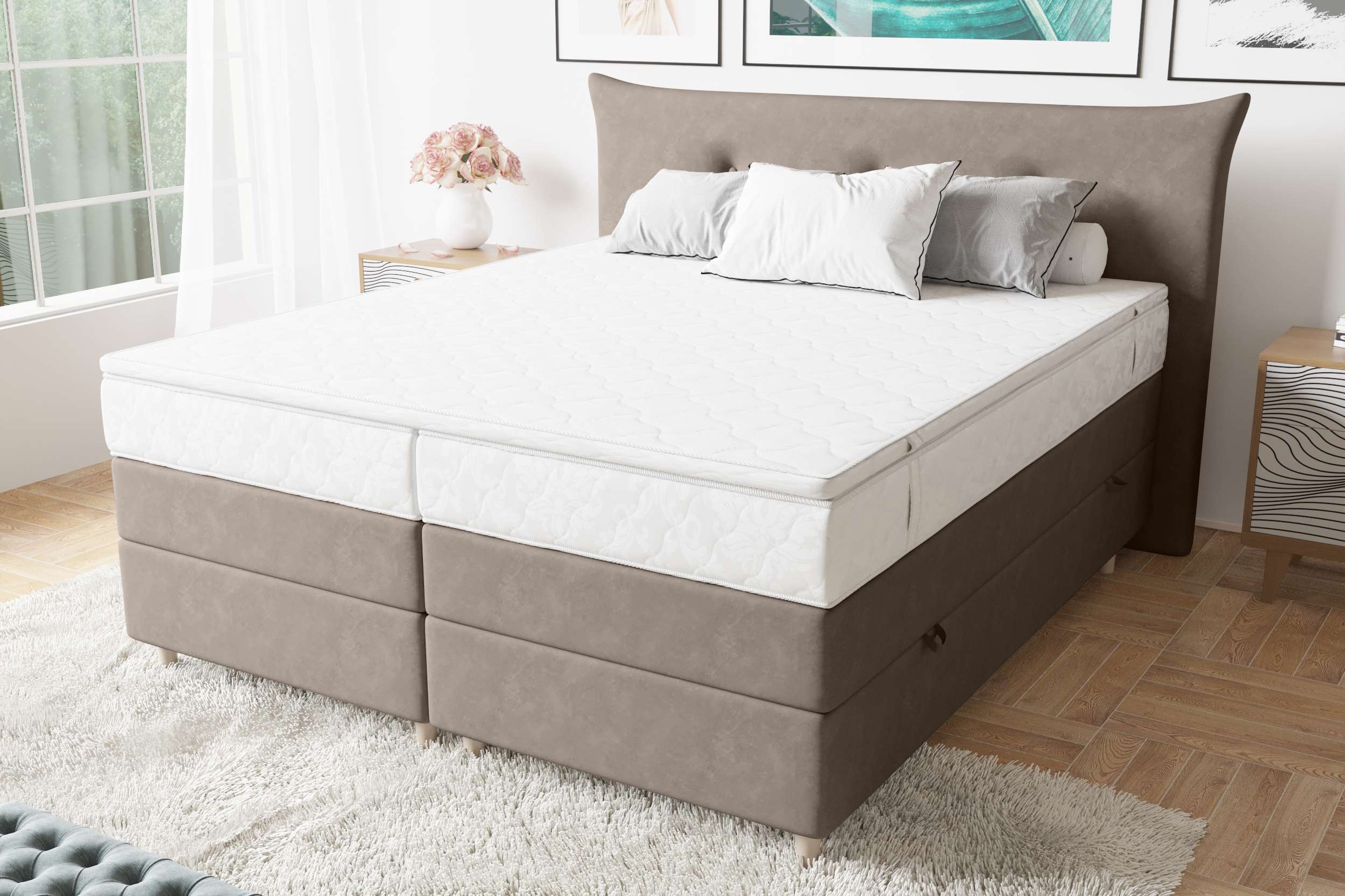 99rooms Amur Boxspringbett 140x200 cm Velours SORO Beige Taschen-Federung