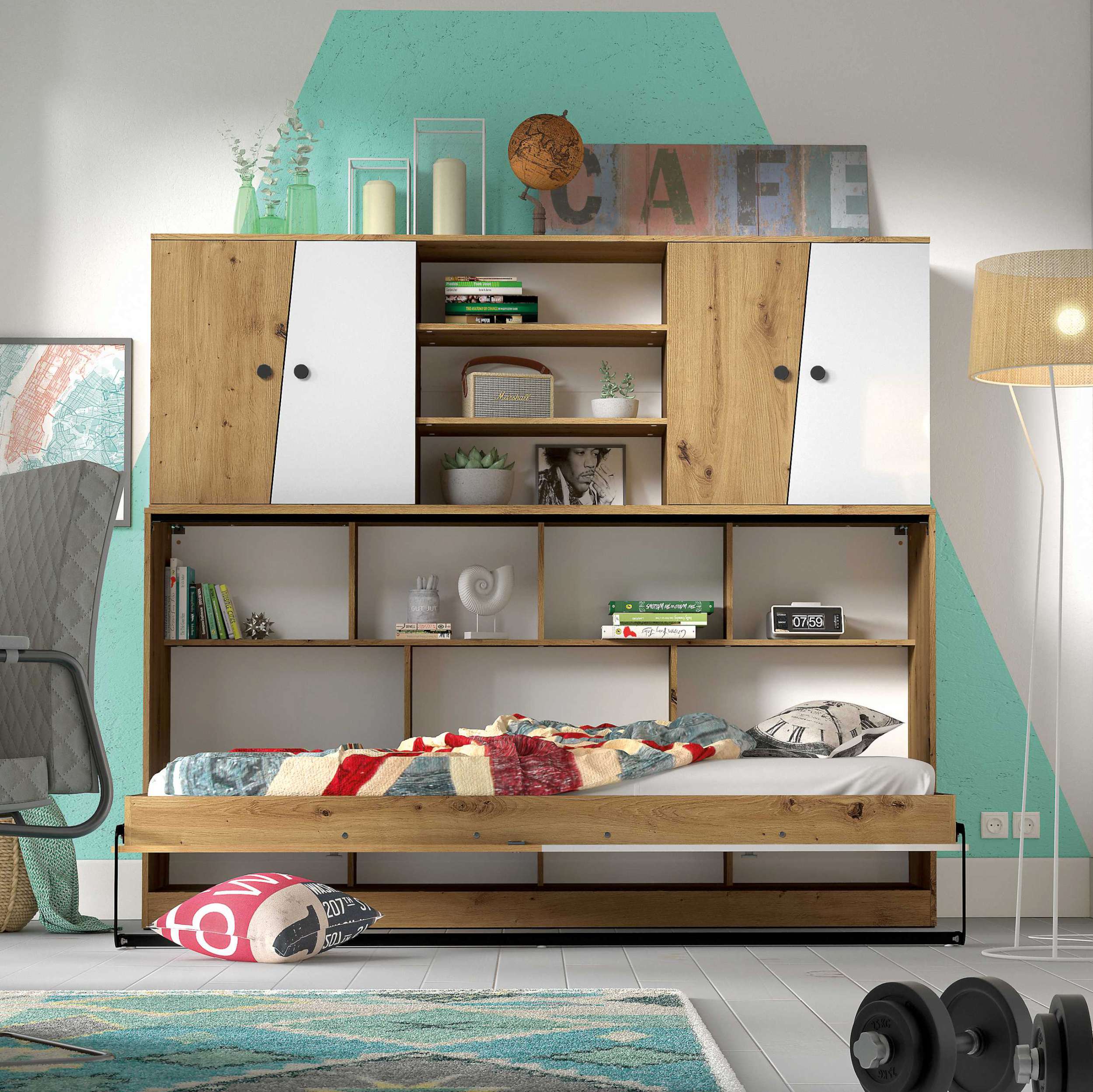 99rooms Narin Kinderzimmer-Set I Eiche Artisan Hochglanz Weiß Hochglanz Schwarz Hochglanz
