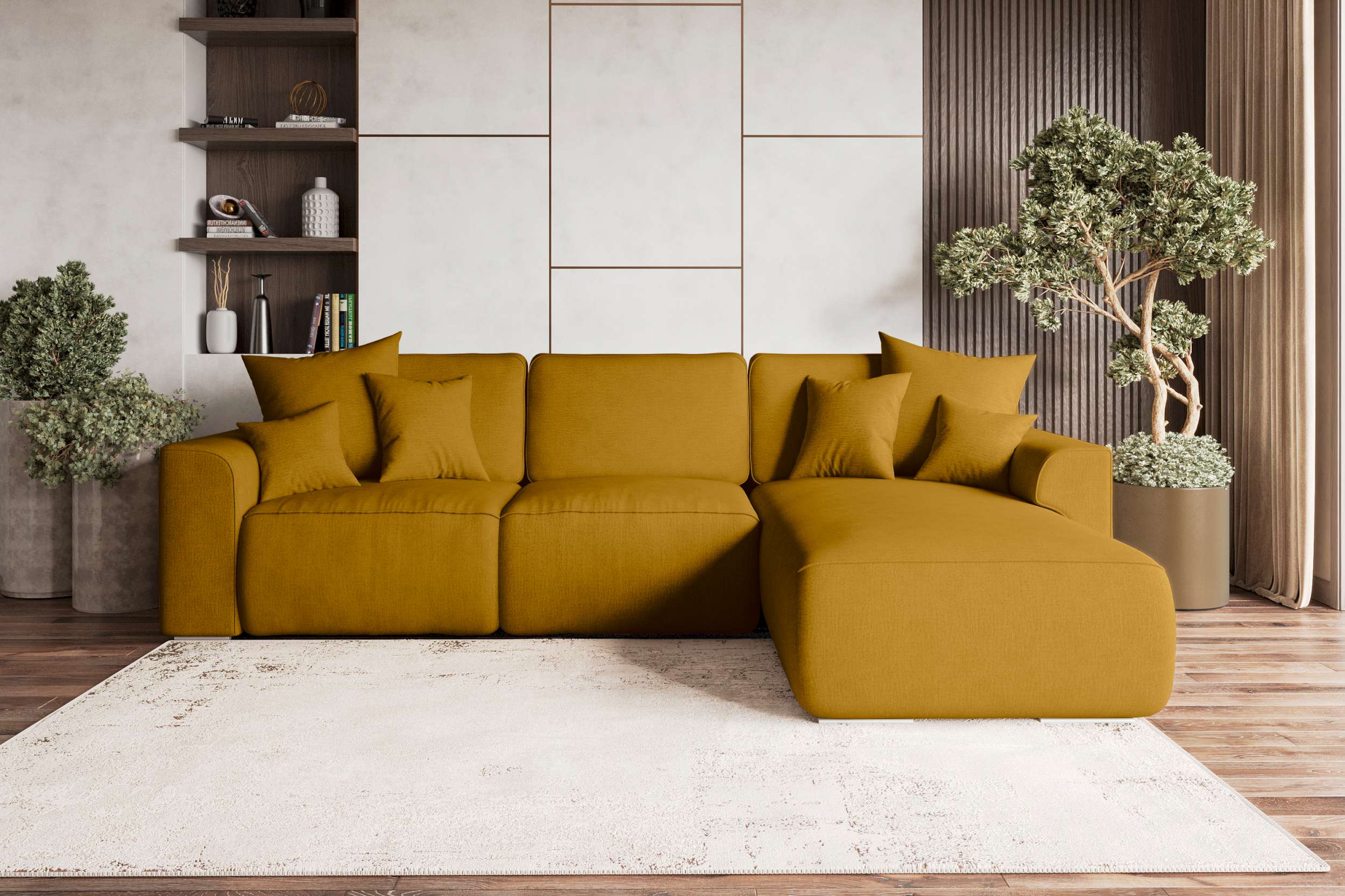 99rooms Gusto Ecksofa Velours MONOLITH Gelb Rechts mit Schlaffunktion