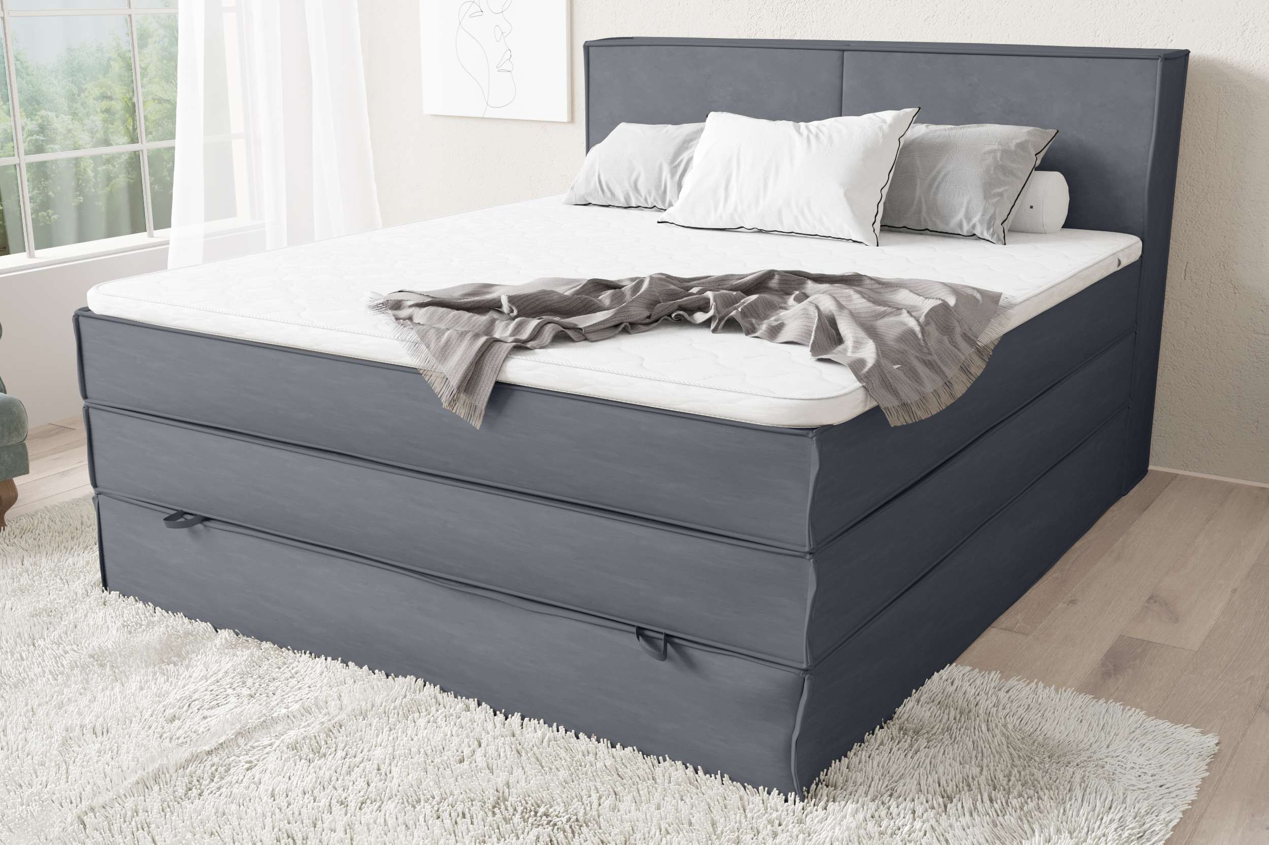 99rooms Santiago Boxspringbett Delphingrau   Velours SORO 120x200 cm Taschen-Federung