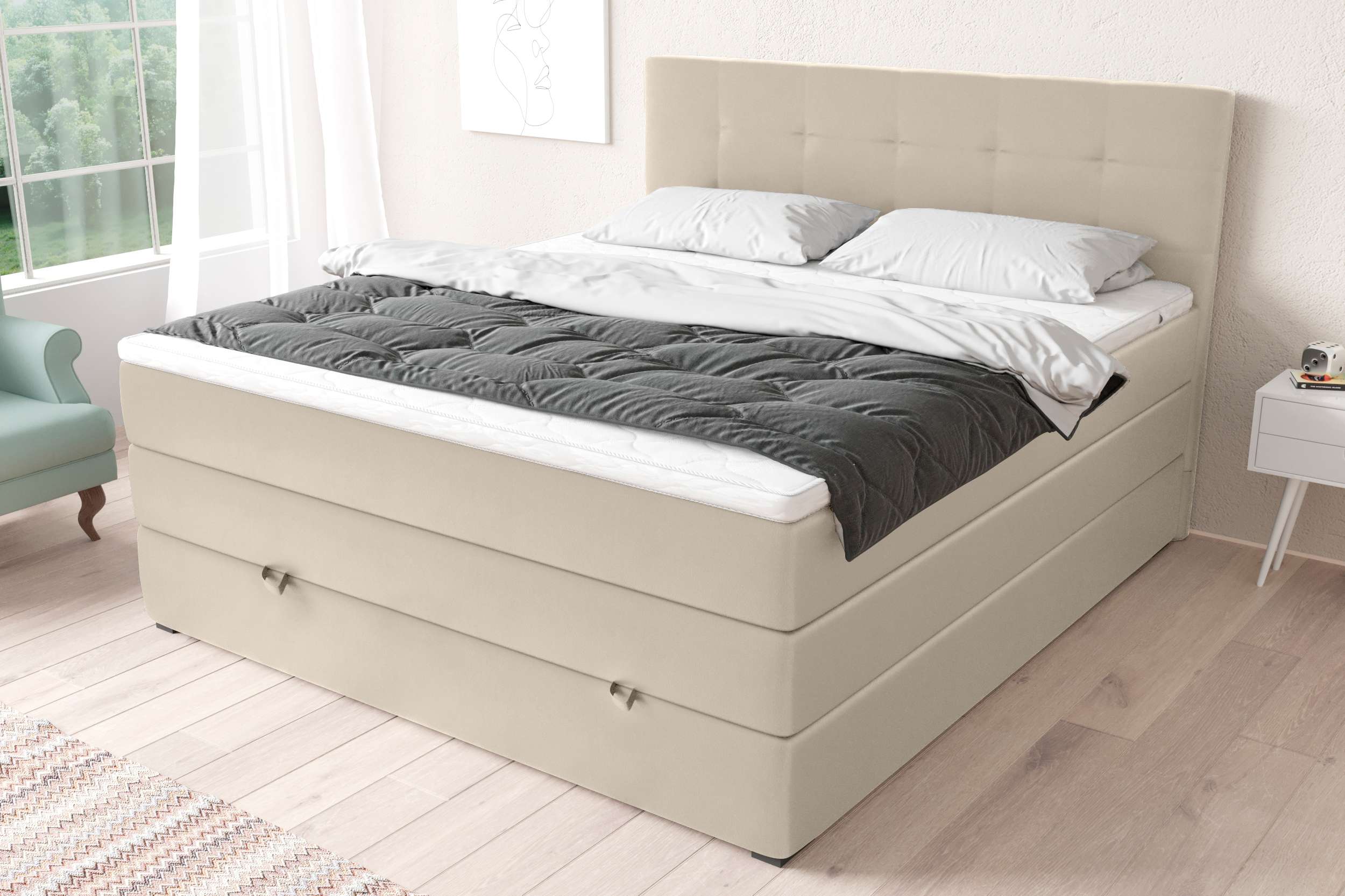 99rooms Madagaskar Boxspringbett Kunstleder MADRYT Champagner 140x200 cm Bonell-Federung