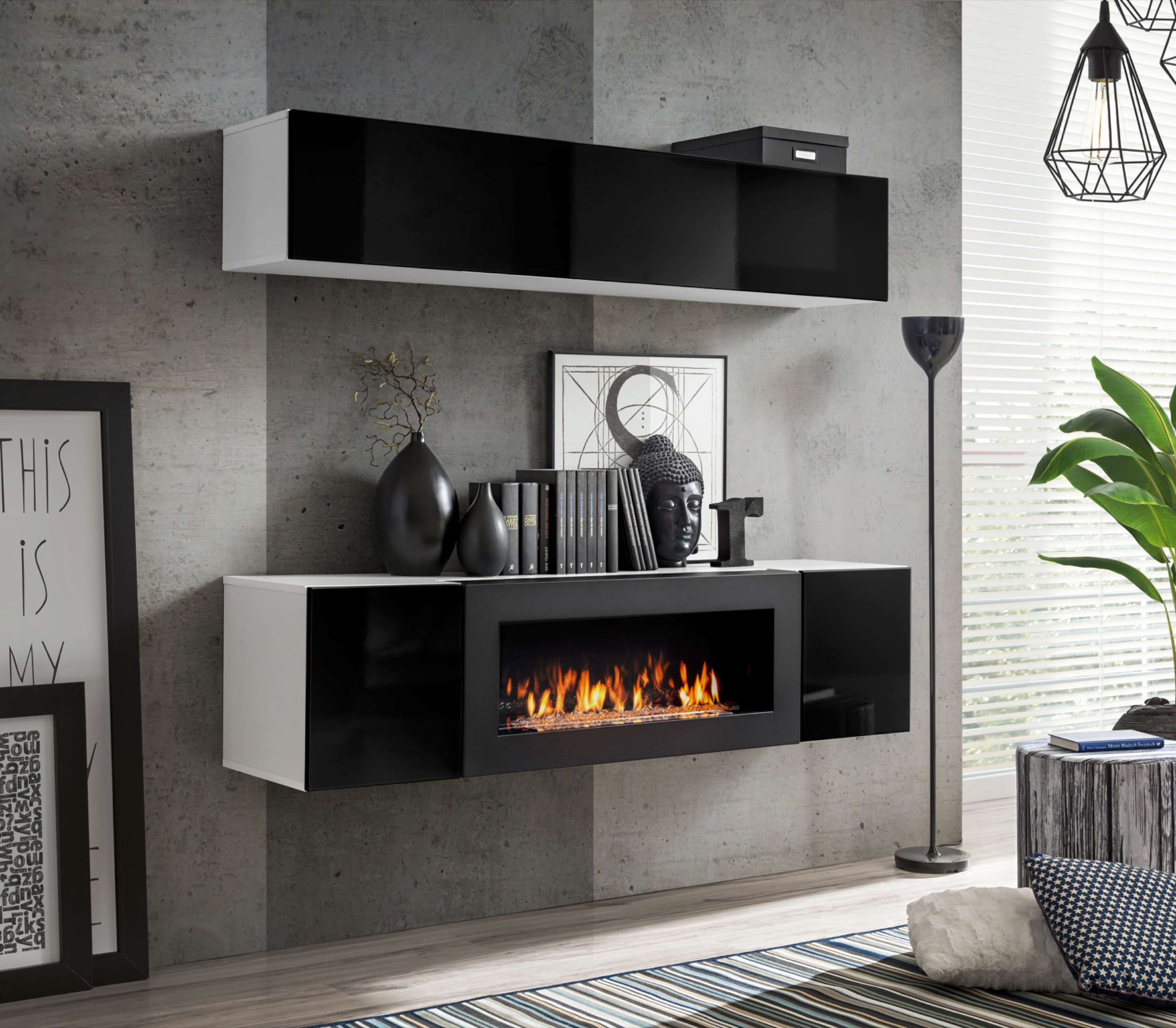 99rooms Fli N1 Wohnwand Weiß Matt Schwarz Hochglanz