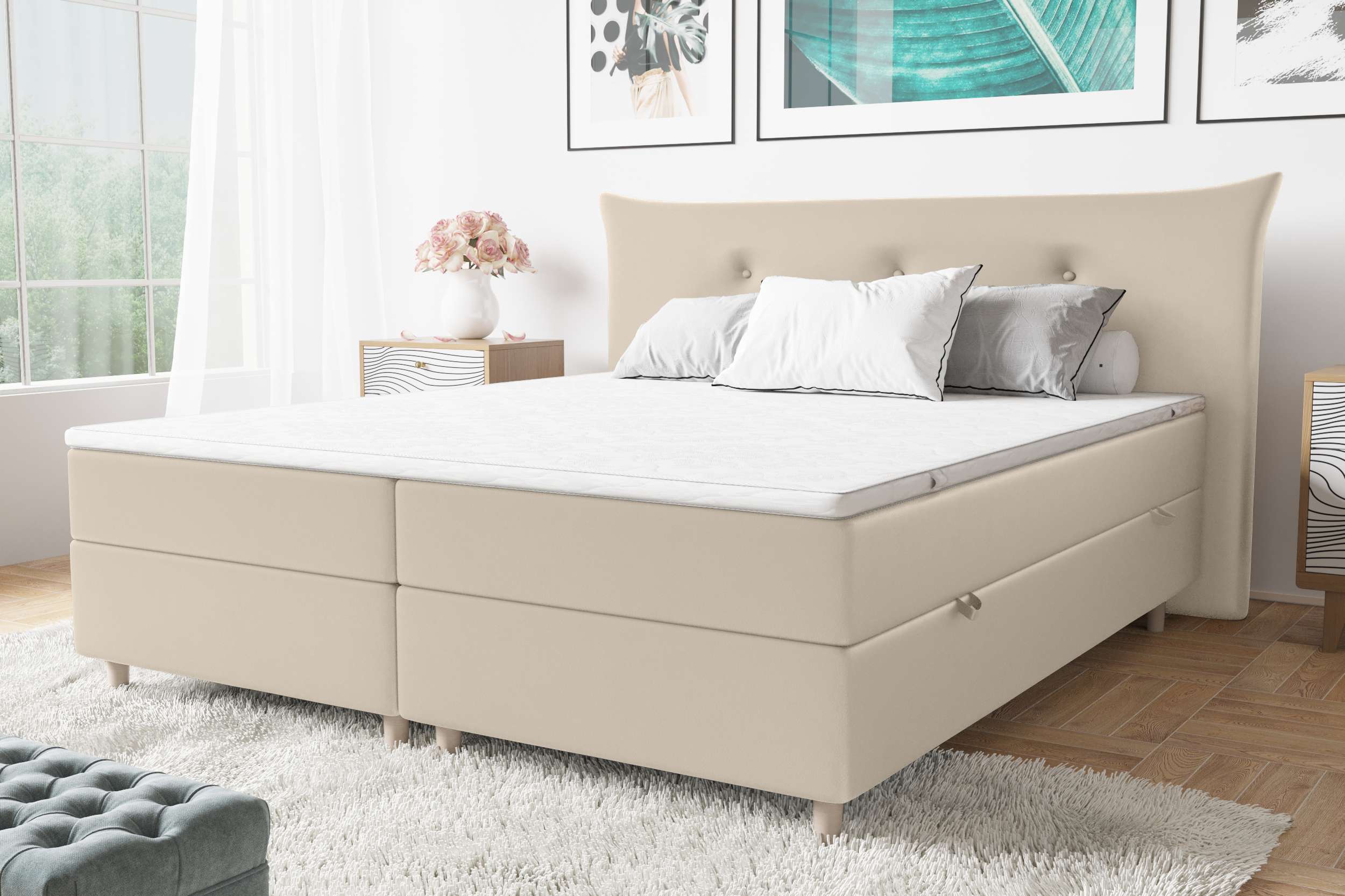 99rooms Artemis Boxspringbett 140x200 cm Kunstleder MADRYT Champagner Bonell-Federung