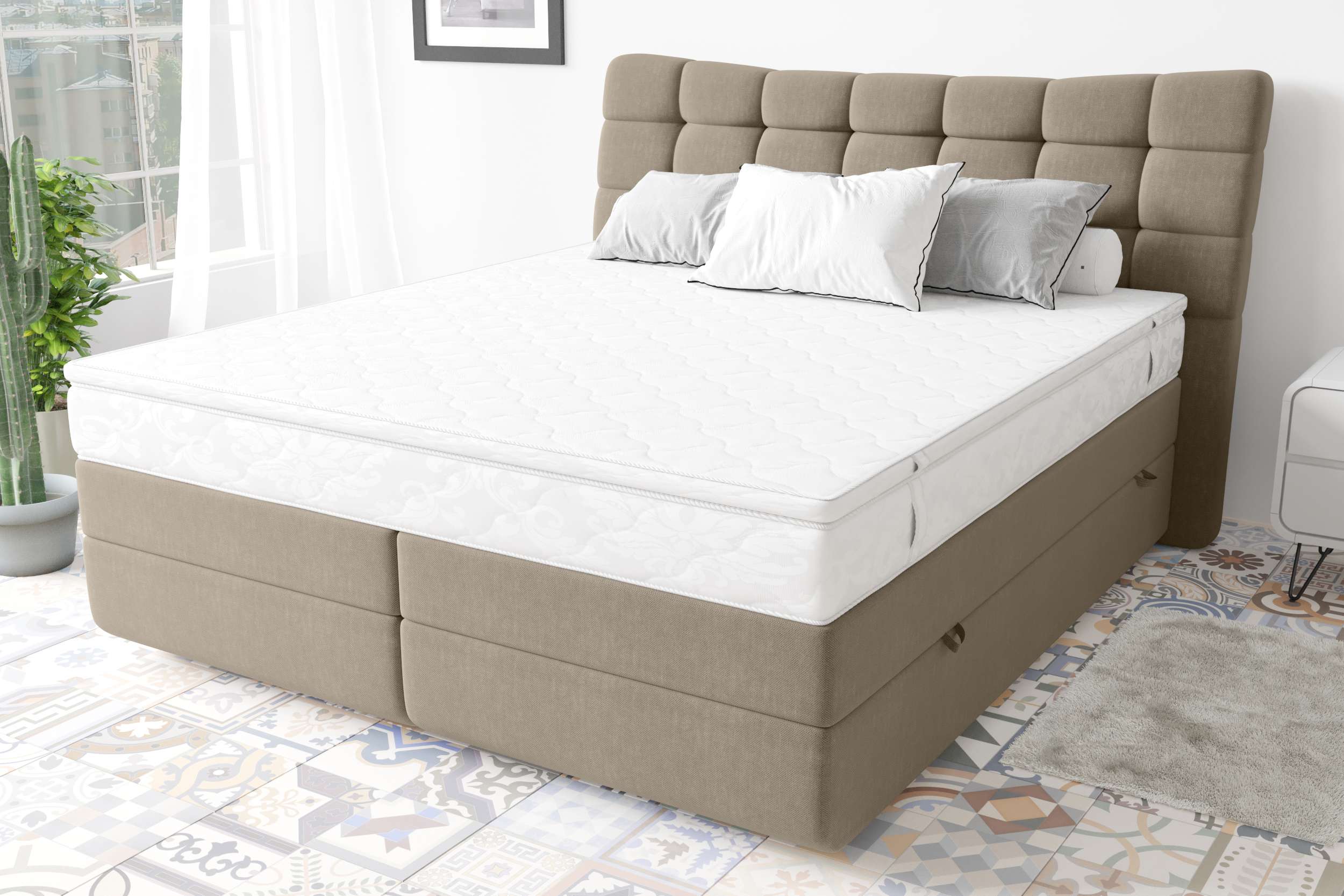 99rooms Santorini Boxspringbett Strukturstoff INARI Hellbraun 140x200 cm Taschen-Federung