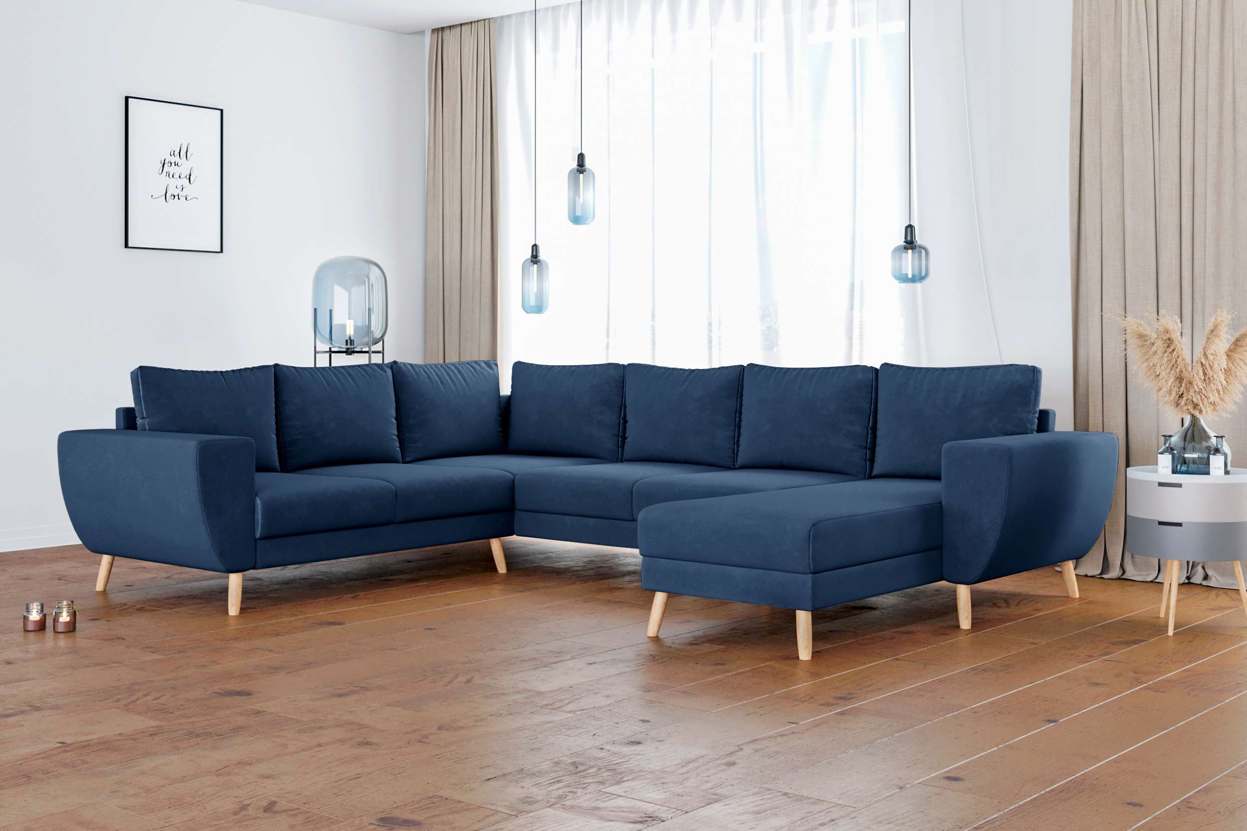 99rooms Apollo Wohnlandschaft Velours MANILA Dunkelblau Rechts