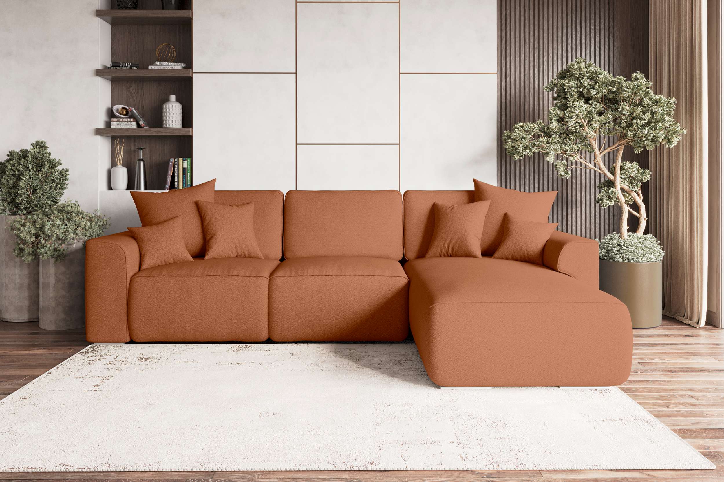 99rooms Gusto Ecksofa Strukturstoff NEVE Rostfarben Rechts mit Schlaffunktion