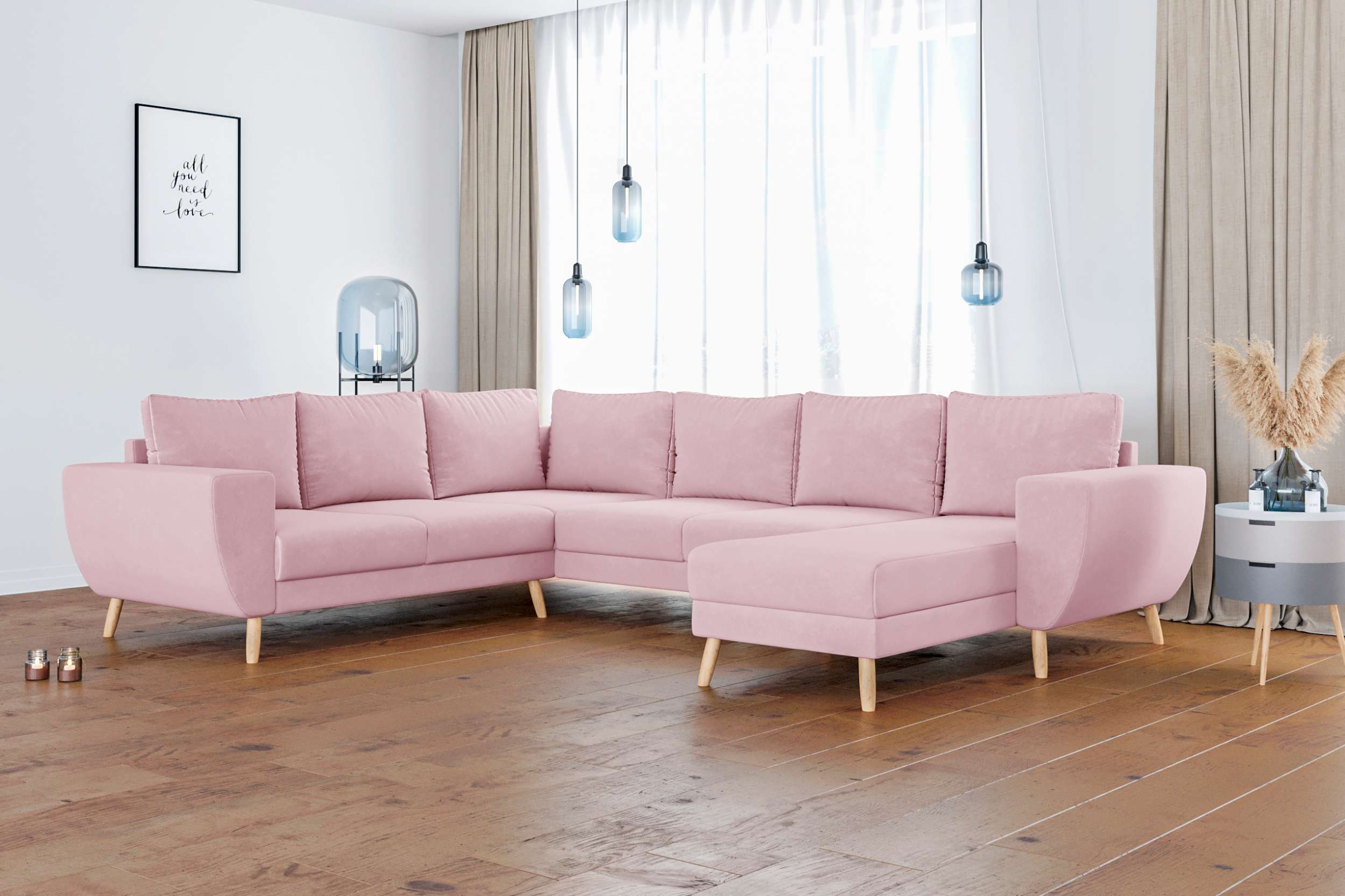 99rooms Apollo Wohnlandschaft Velours MANILA Hellrosa Rechts