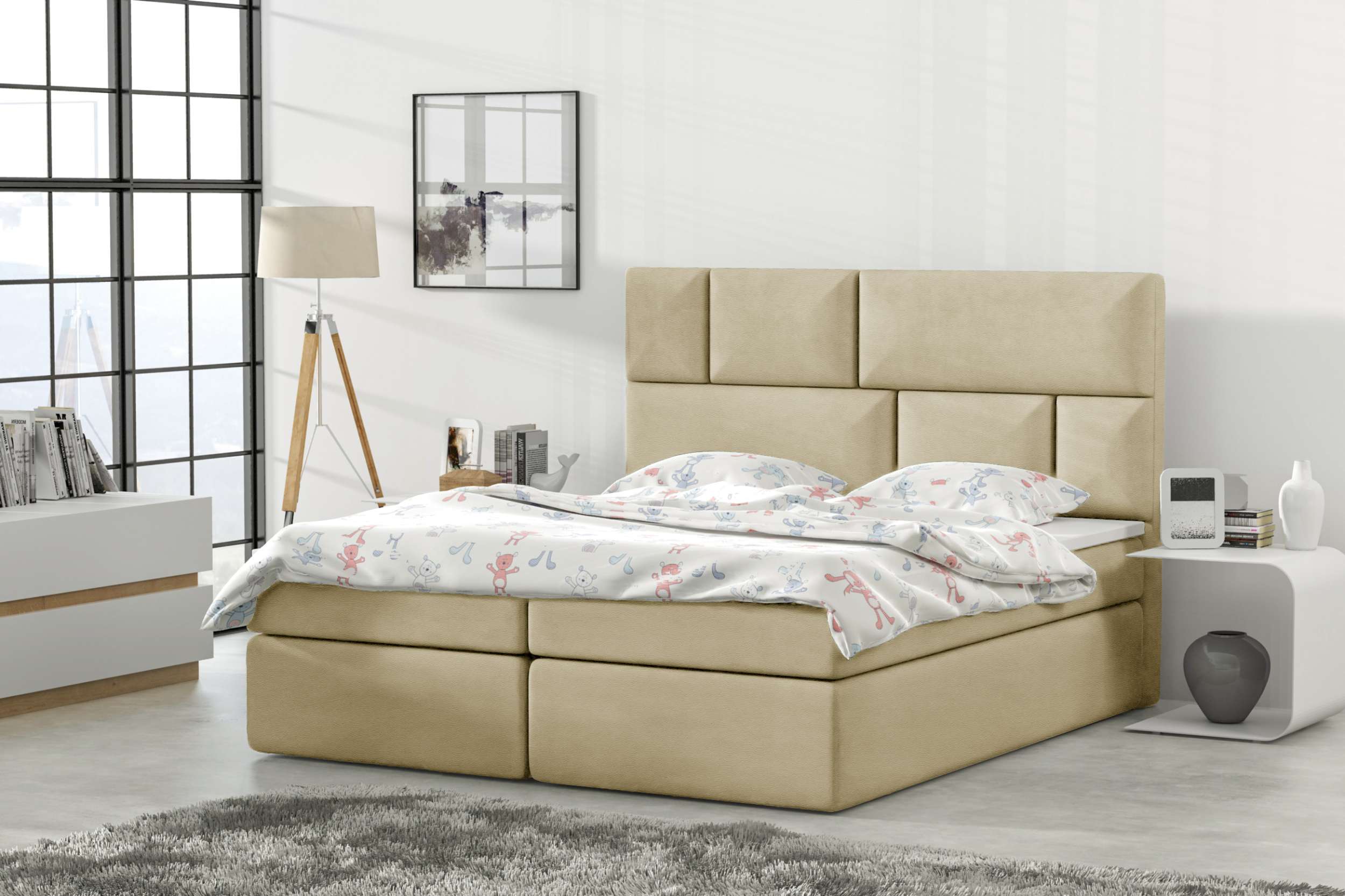 99rooms Carter Boxspringbett Kunstleder CAYENNE Champagner 140x200 cm mit Topper