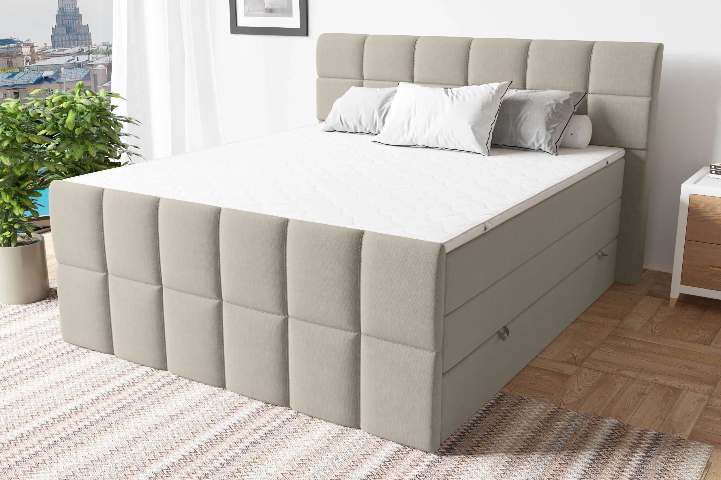 99rooms Dario Boxspringbett Strukturstoff INARI Beige 180x200 cm Taschen-Federung