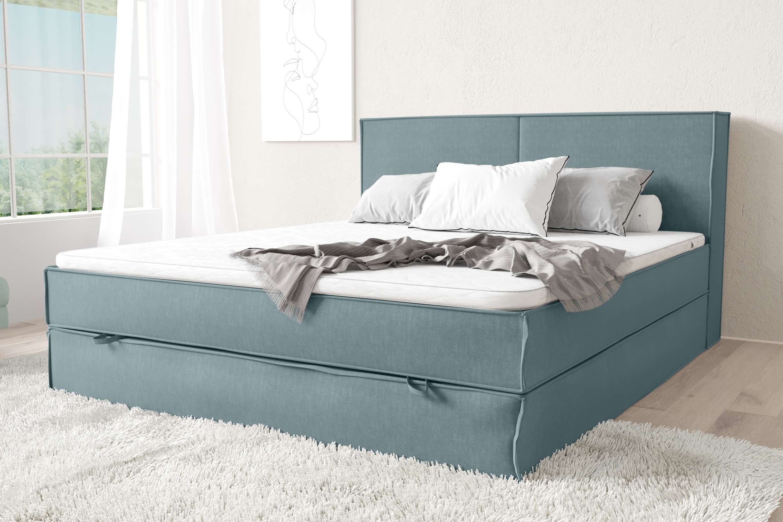 99rooms Samson Boxspringbett   120x200 cm Strukturstoff INARI Pastellblau Taschen-Federung