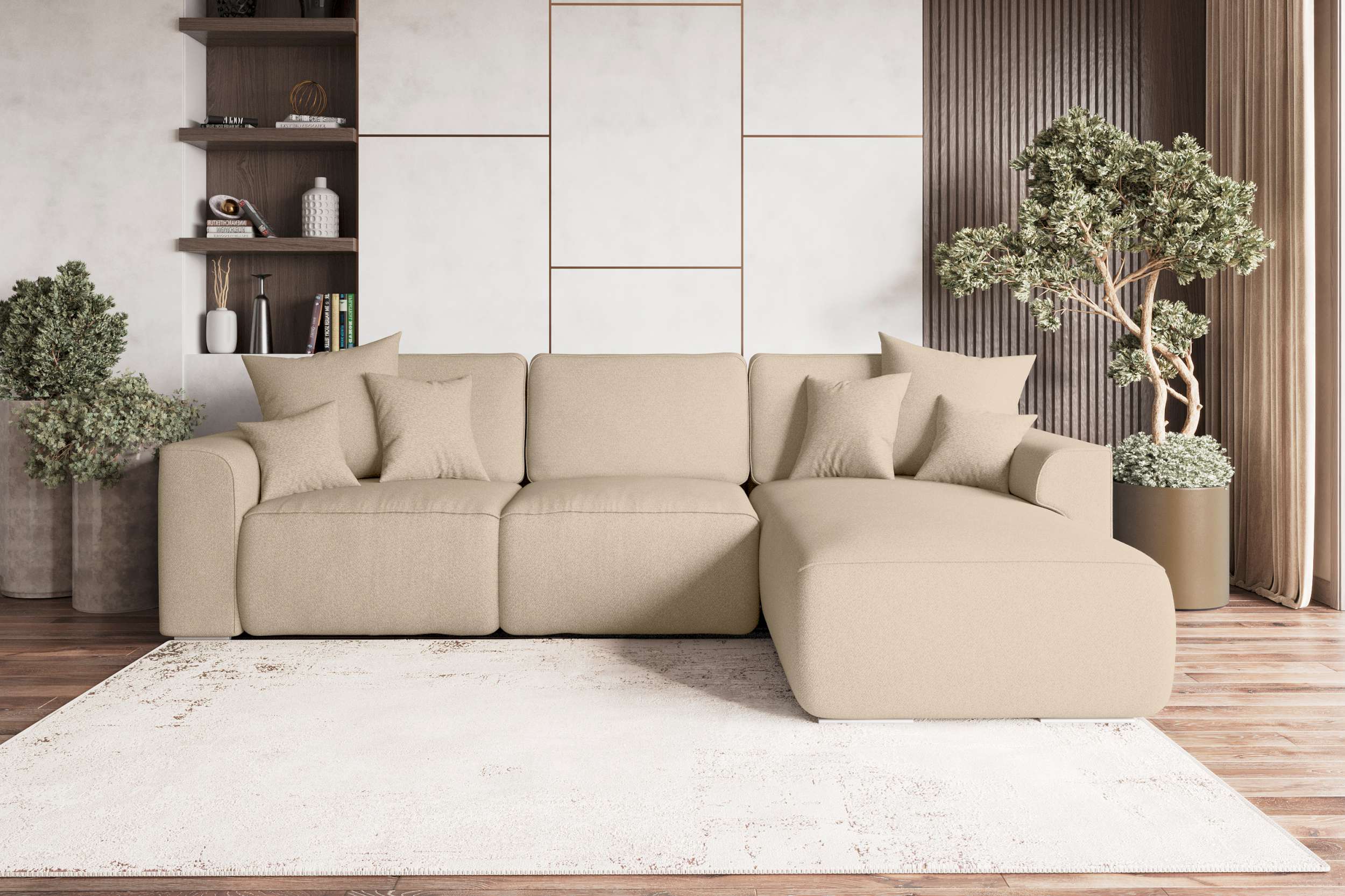 99rooms Gusto Ecksofa Strukturstoff NEVE Beige Rechts mit Schlaffunktion