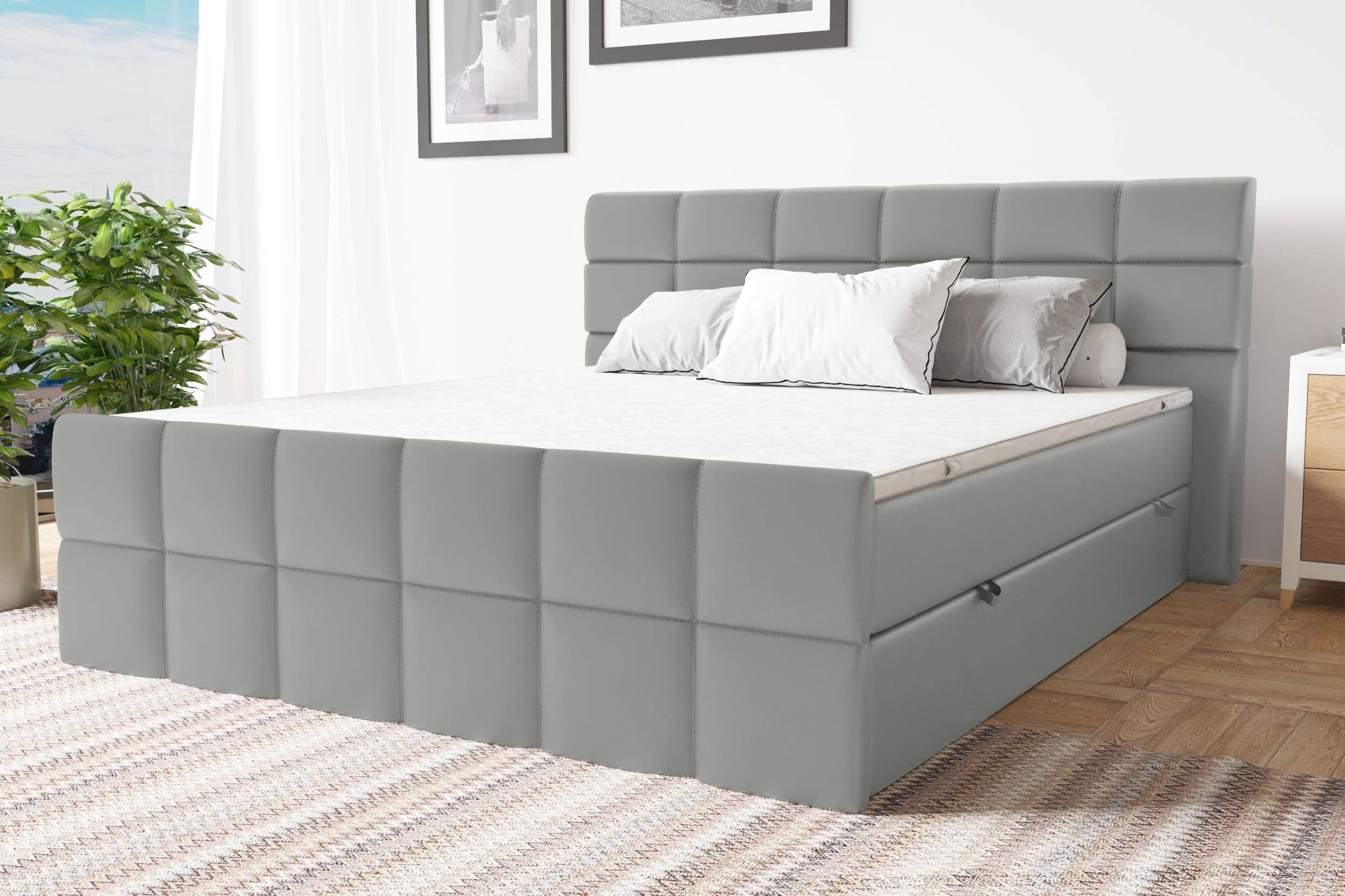 99rooms Dunkan Boxspringbett Kunstleder MADRYT Hellgrau 140x200 cm Taschen-Federung