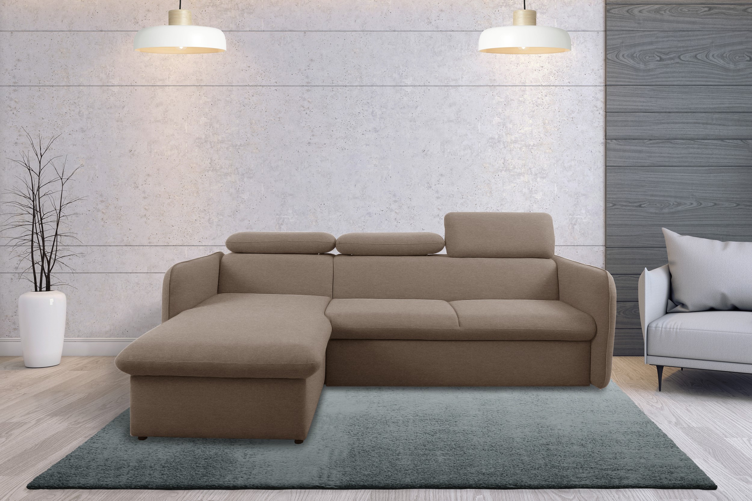 99rooms Amerigo Ecksofa Links Plüsch Hellbraun