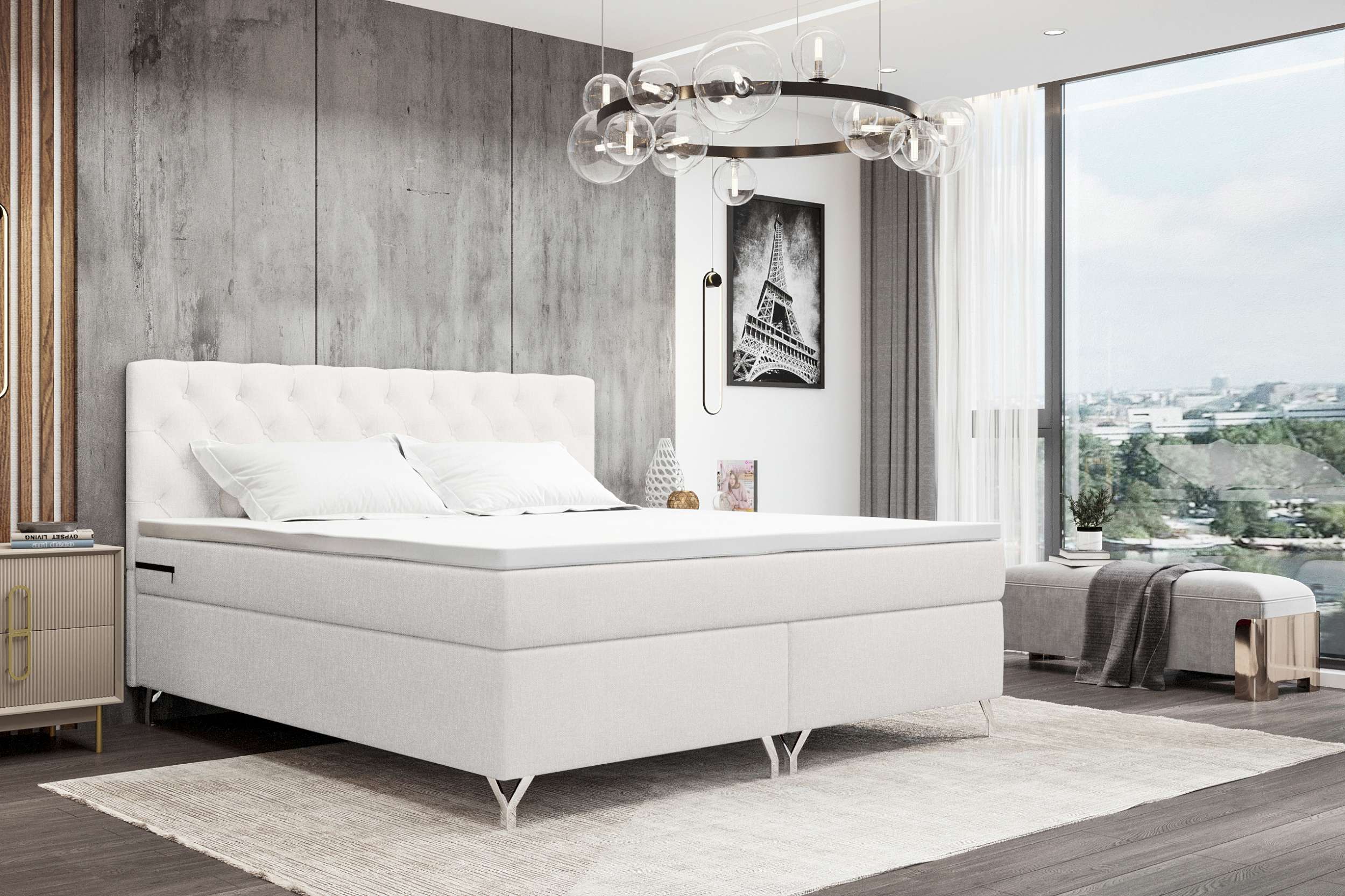 99rooms Prestige Boxspringbett 160x200 cm Webstoff MALMO_NEW Weiß