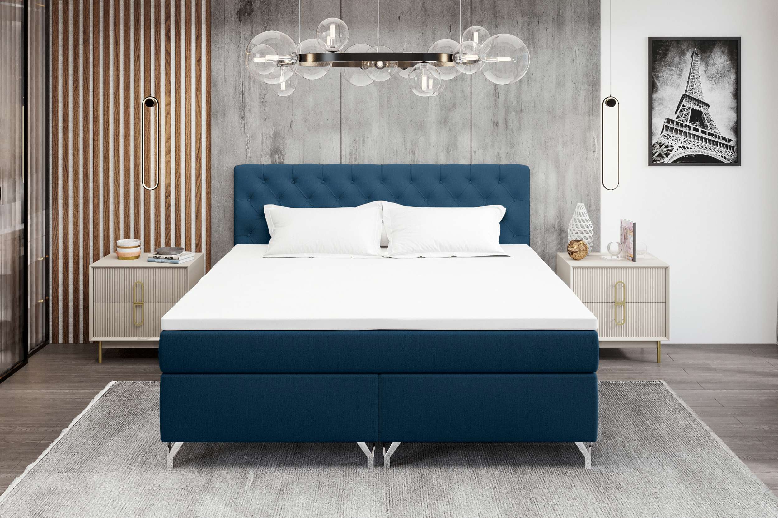 99rooms Prestige Boxspringbett 140x200 cm Velours MONOLITH Blau
