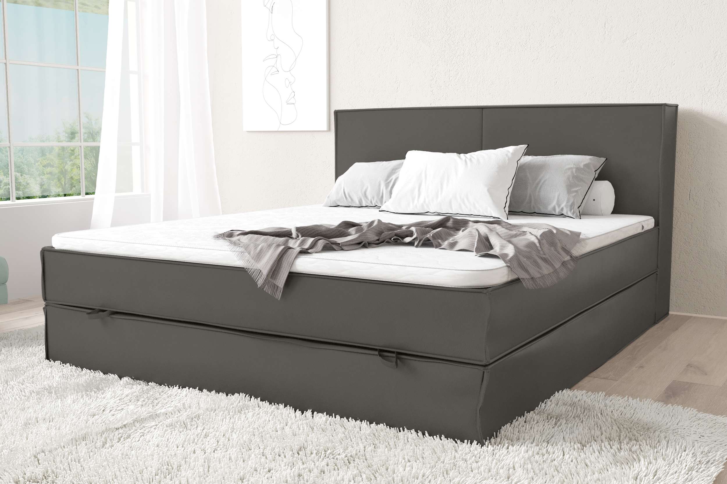 99rooms Samson Boxspringbett  120x200 cm Kunstleder MADRYT Beton Taschen-Federung
