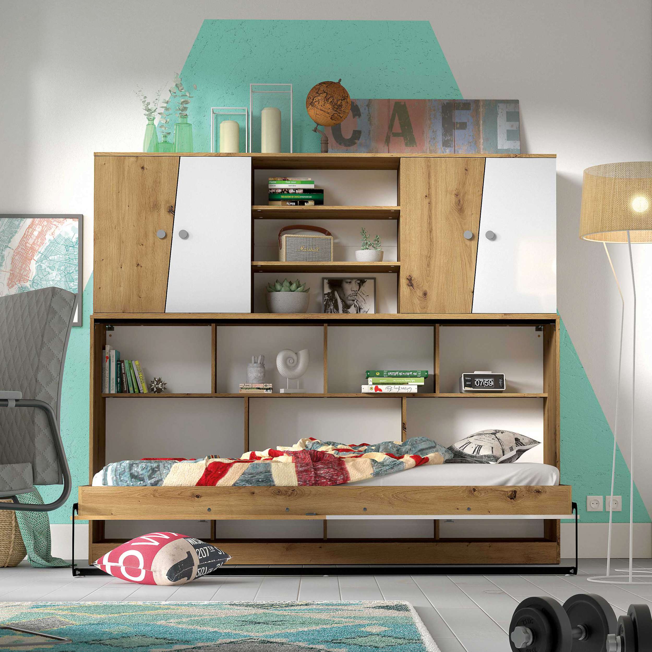 99rooms Narin Kinderzimmer-Set I Eiche Artisan Hochglanz Weiß Hochglanz Grau Hochglanz