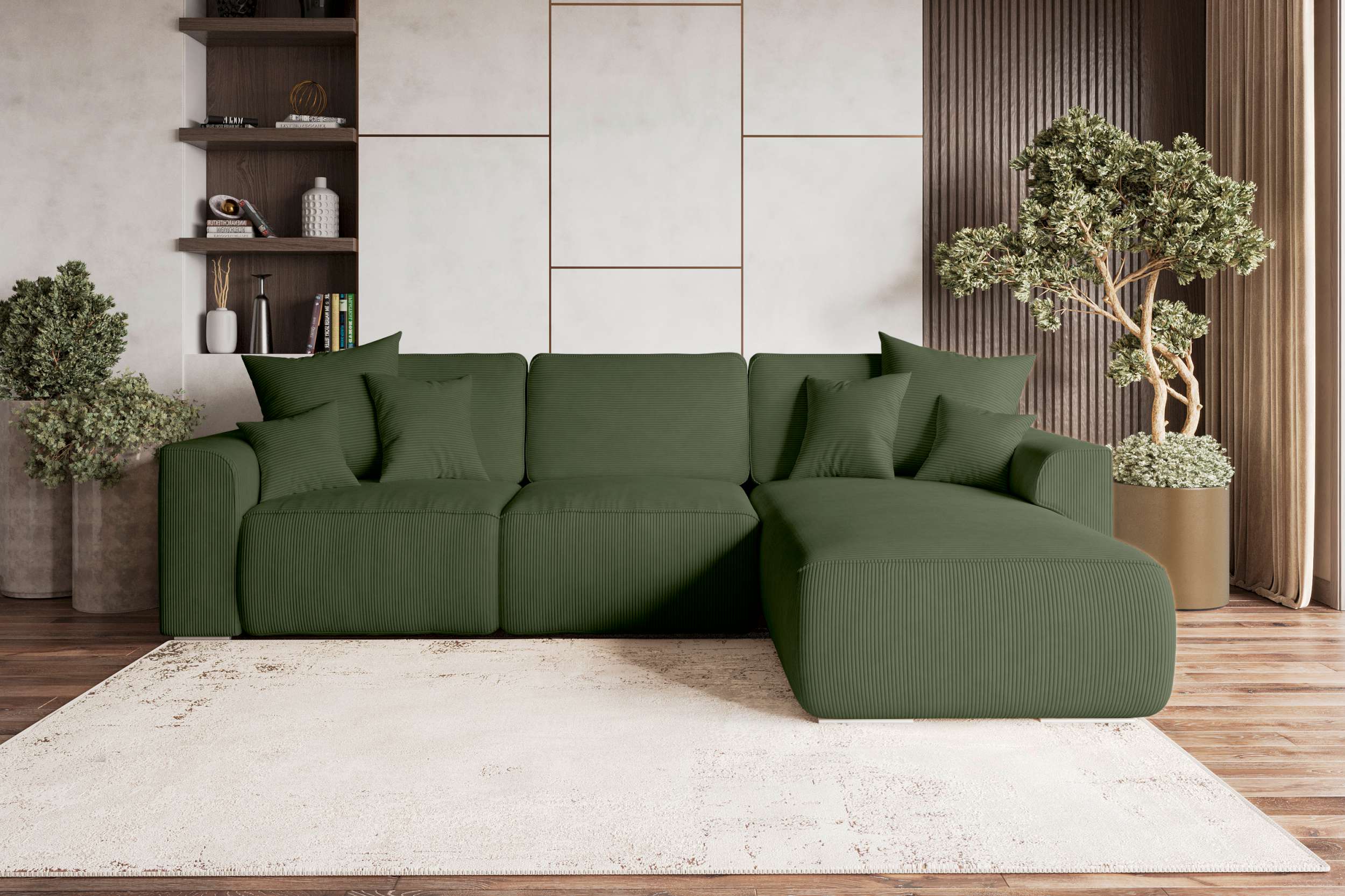 99rooms Gusto Ecksofa Cordstoff POSO Khaki Rechts mit Schlaffunktion